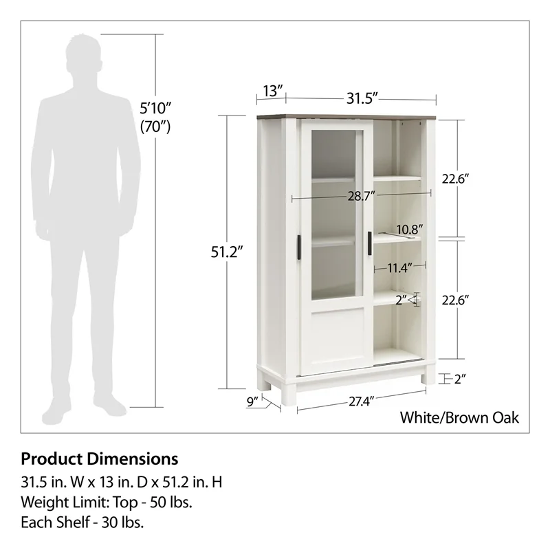 Pemberly Row Rustic Farmhouse Bookcase Cabinet - White w/Brown Oak