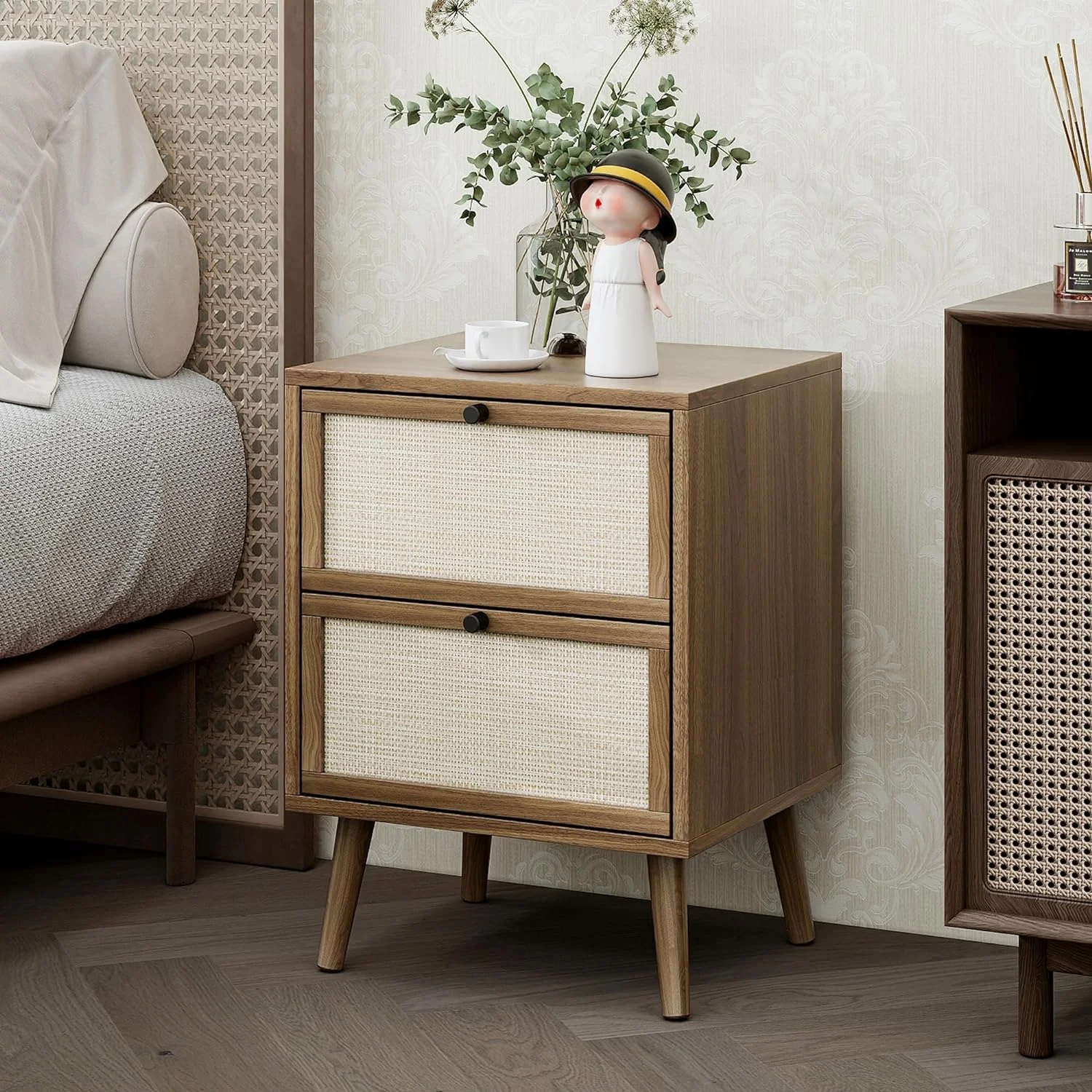 Rattan Nightstand Set of 2, End Table Rattan Bedside Table Side Table with 2 Hand Made Rattan Decorated Drawers Wood Accent Table with Storage 2-Drawer for Bedroom, Living Room, Walnut 2 Pack
