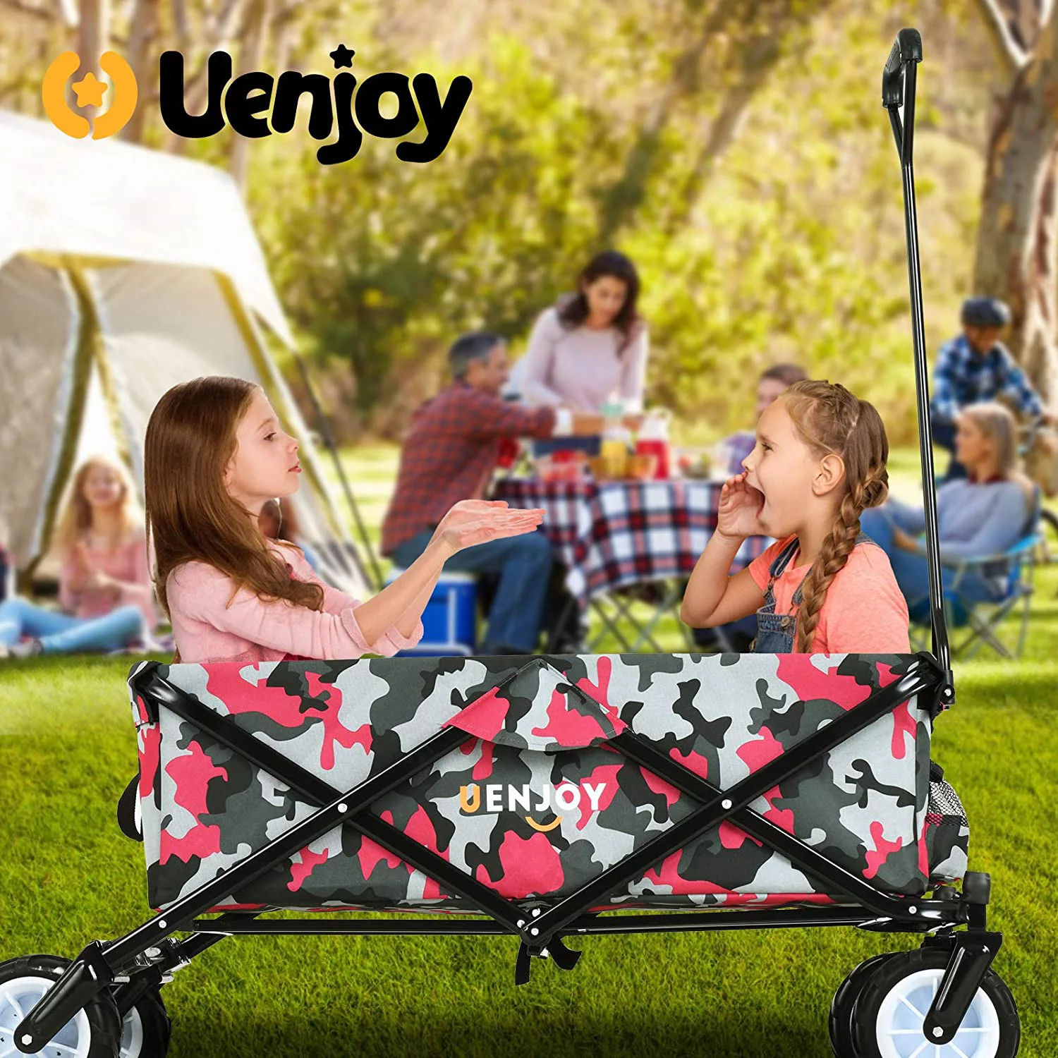 Uenjoy 3-in-1 Children's Wagon, Four Wheel, EZ Folding, Foldable Convenient Outdoor Collapsible Wagon for Kids & Cargo, Detachable Polyester Fabric