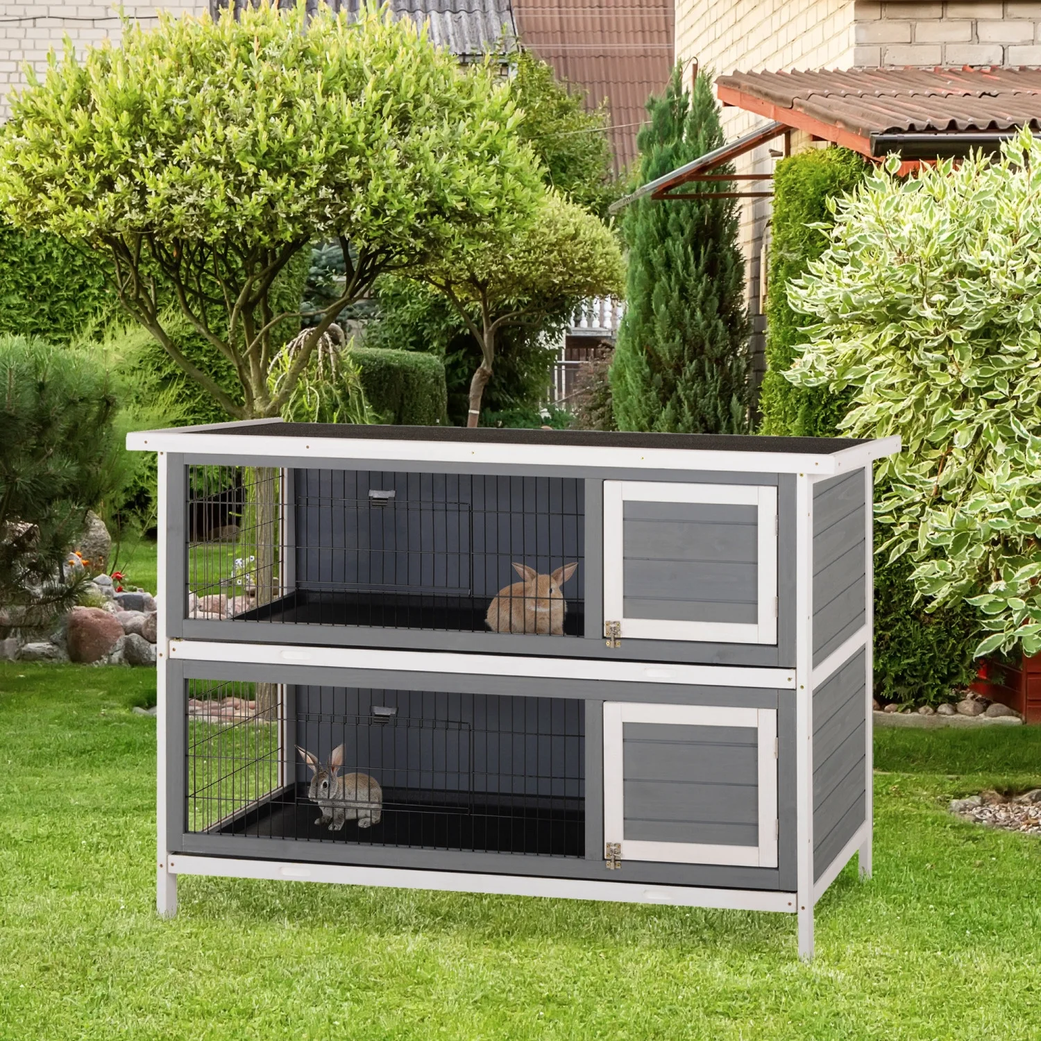 YLtoohoom PawHut 54” 2-Story Large Rabbit Hutch Bunny Cage Wooden Pet House Small Animal  with Lockable Doors  No Leak Tray and waterproof Roof for Outdoor/Indoor Dark Grey