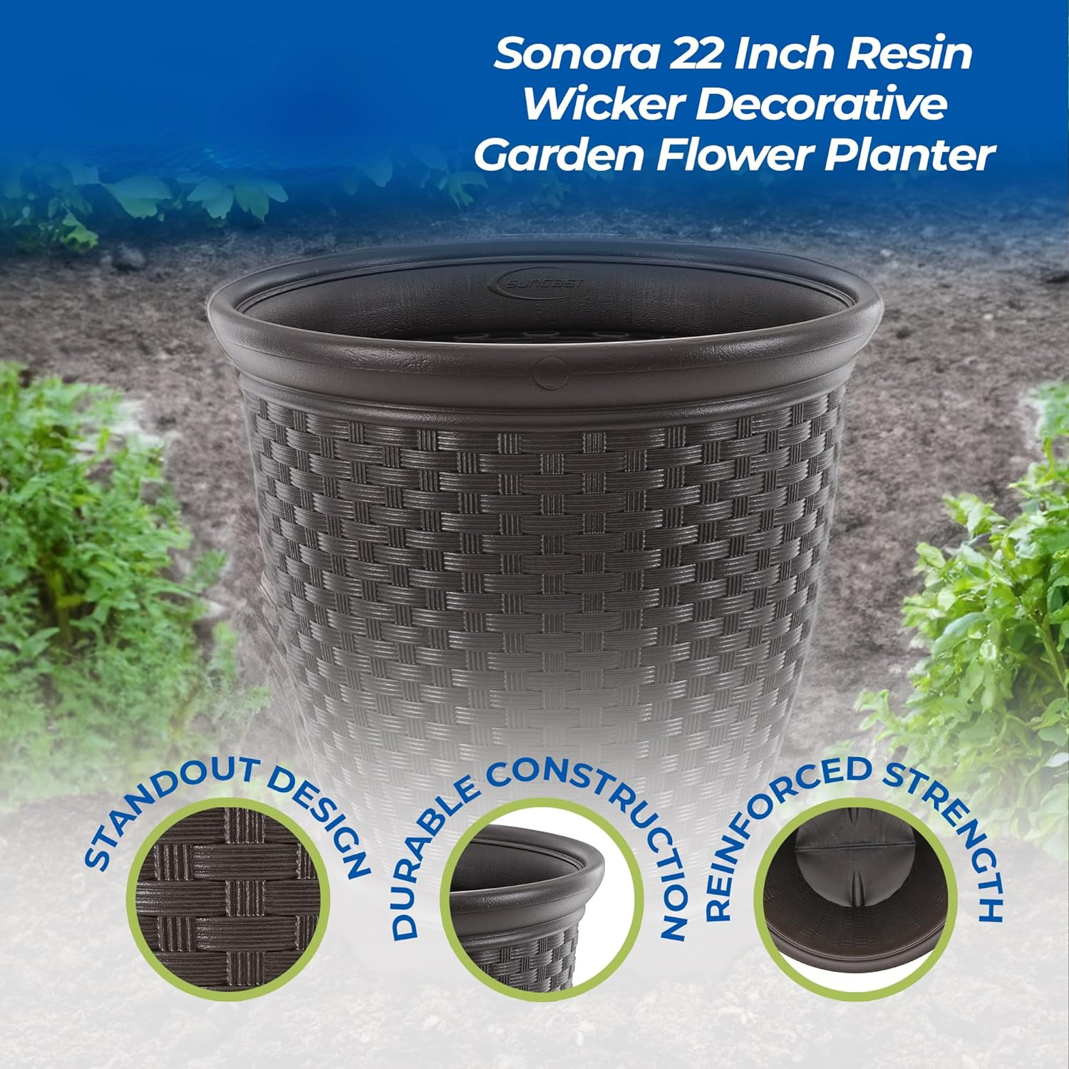Sonora 22 Inch Plastic Wicker Indoor or Outdoor Decorative Garden Flower Planter for Entryways, Porch, and Backyard Patios, Dark Brown