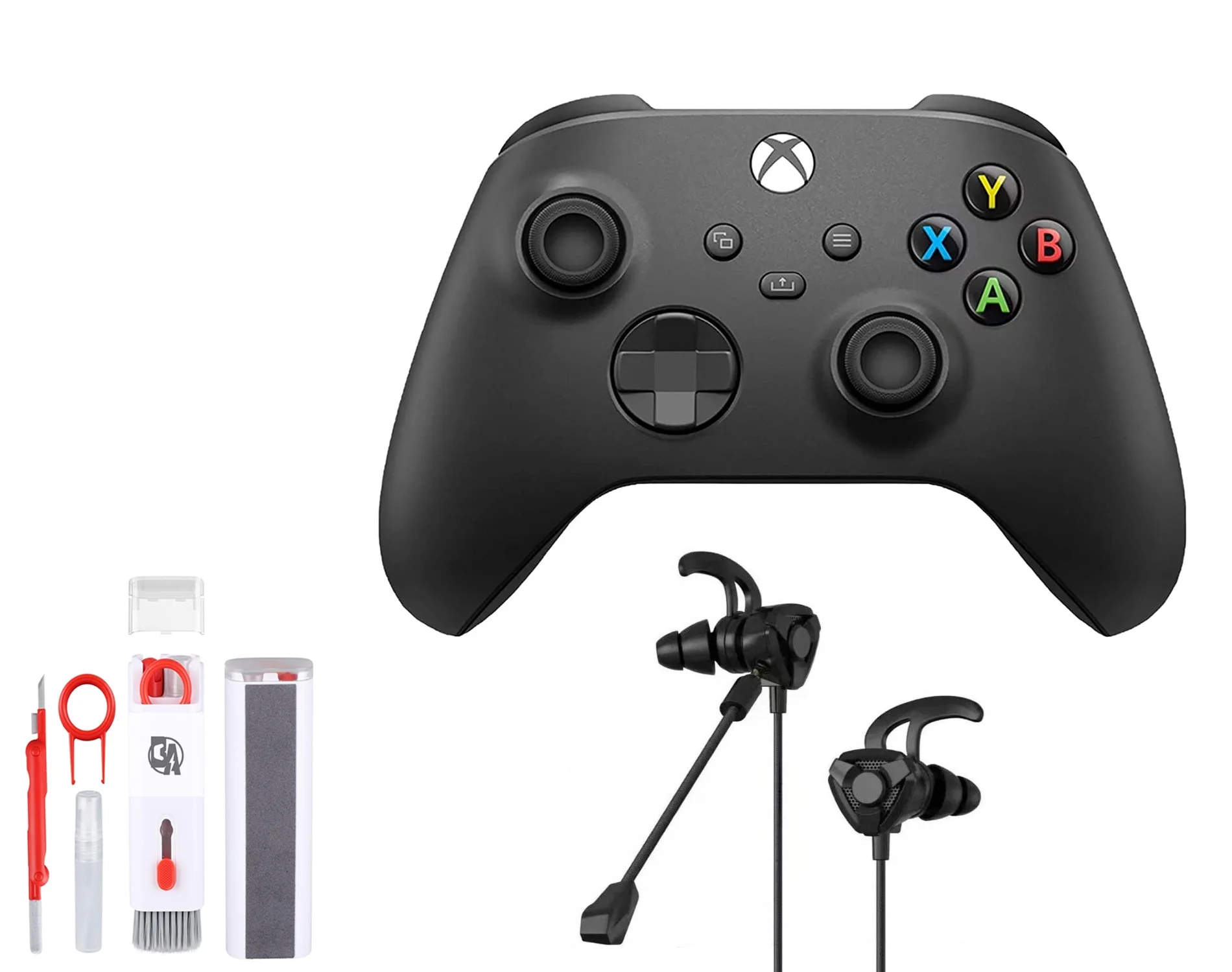 Microsoft Xbox Wireless Carbon Black Controller for Xbox Console + Wired Earbuds With Cleaning Kit BOLT AXTION Bundle Used