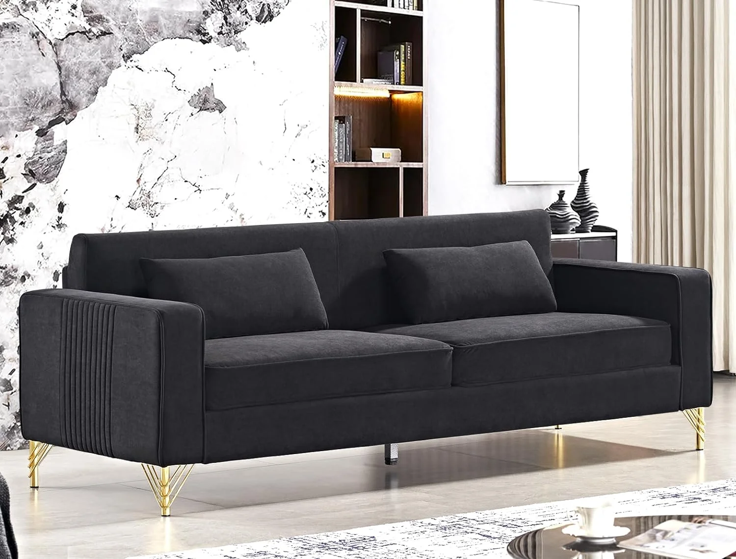 US Pride Furniture Aesthetic Velvet Sofas for Living Room 3 Seater Couch with Classic Modern Appeal and Luxurious Soft Comfort Easy to Maintain 85.8Wx30.7Dx31.5H Black