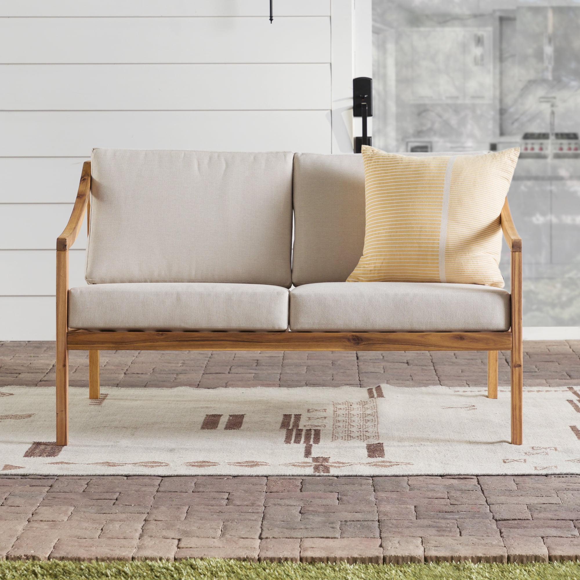 Walker Edison Modern Solid Wood Curved-Arm Outdoor Loveseat, Natural