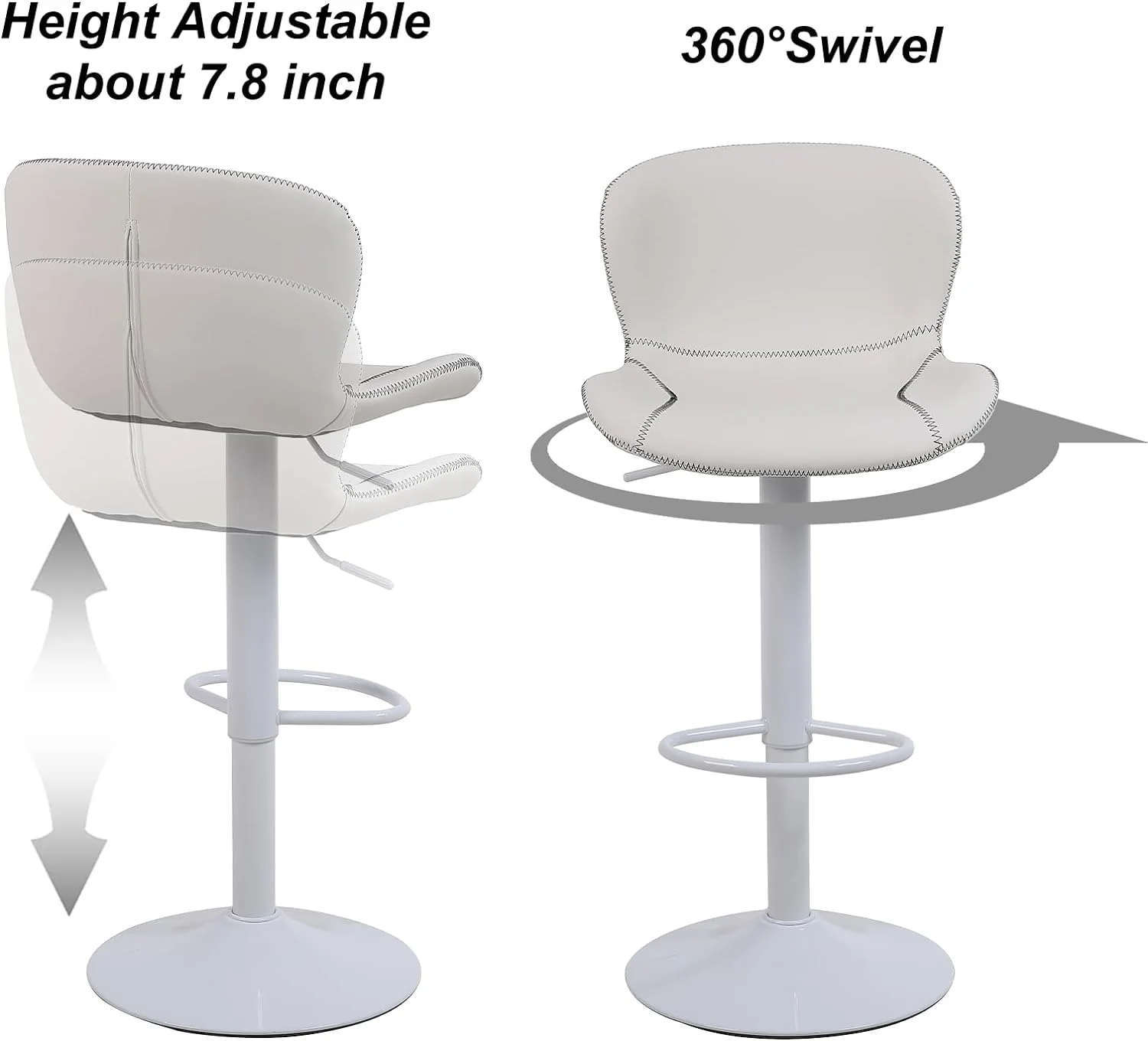 YILAN Bar Stools Set of 2, PU Leather Counter Height Barstools with Back, Height Adjustable Swivel Bar Chairs, Modern Armless Kitchen Island Stool, White