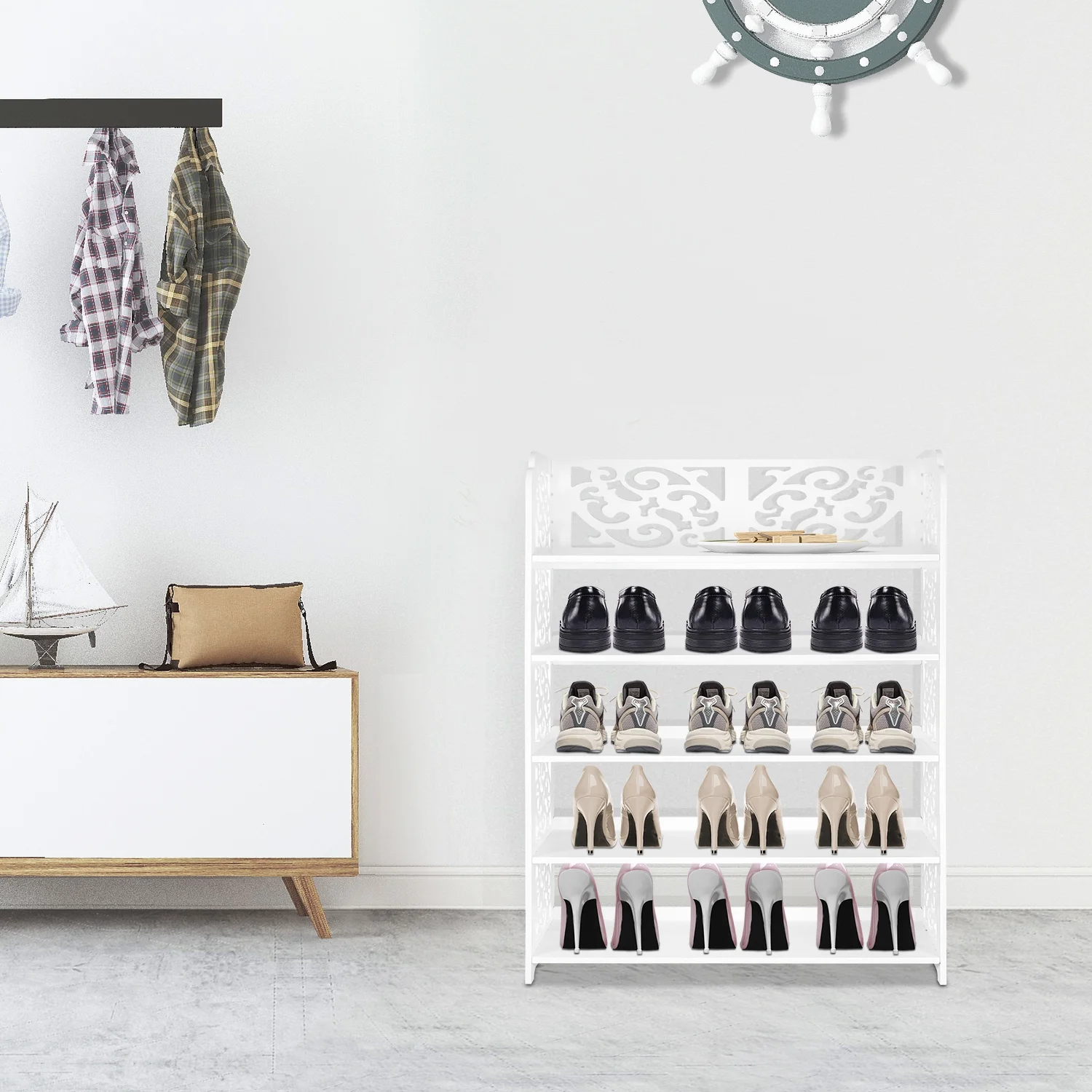 Versatile 5-Tier Wood-Plastic Shoe Rack Shoes Tower 15 of pairs of shoe White Finish