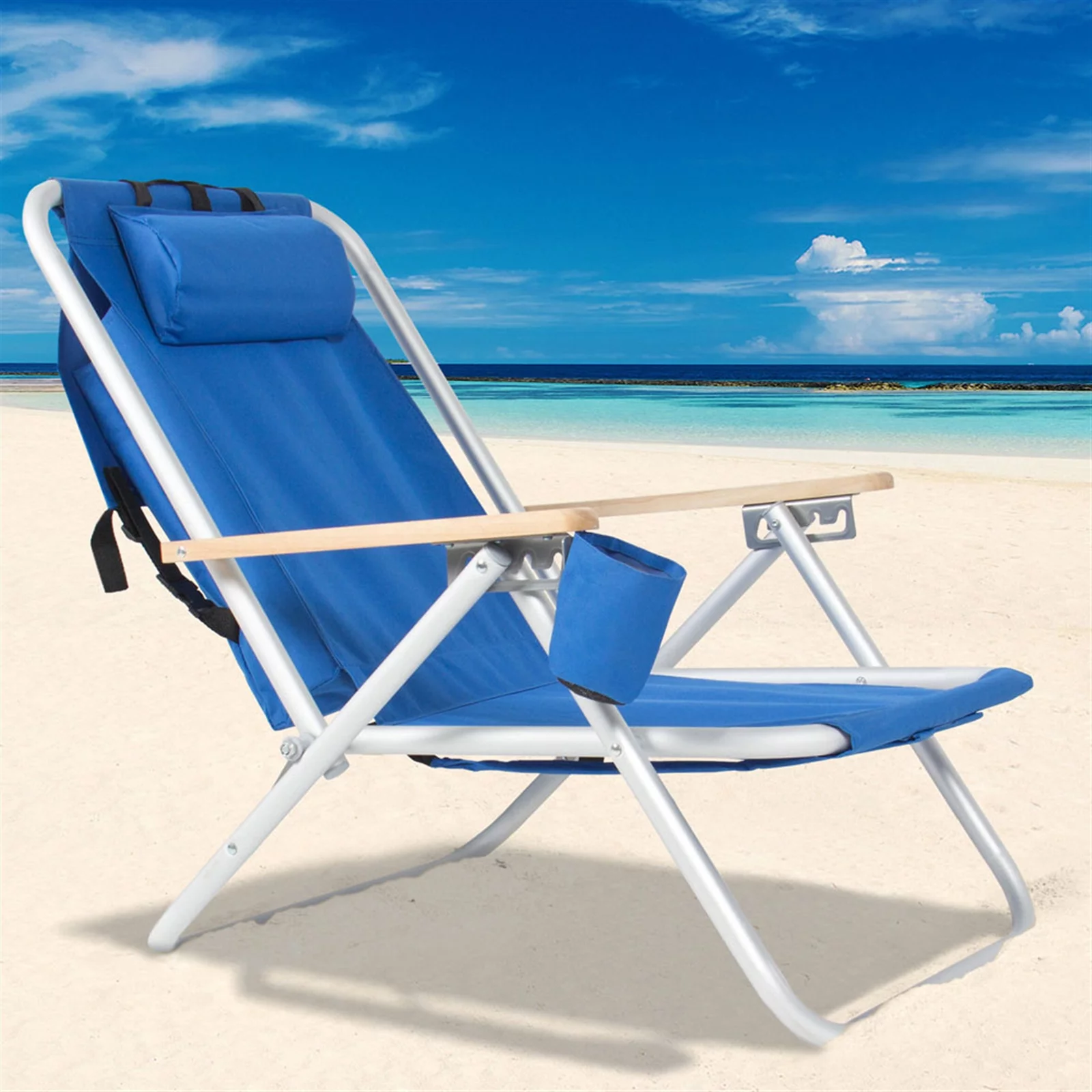 Portable Beach Chair with Adjustable Headrest - Blue, High Strength and Lightweight Design, Rust-Resistant Frame - Perfect for Relaxing on the Beach or at Outdoor Events.