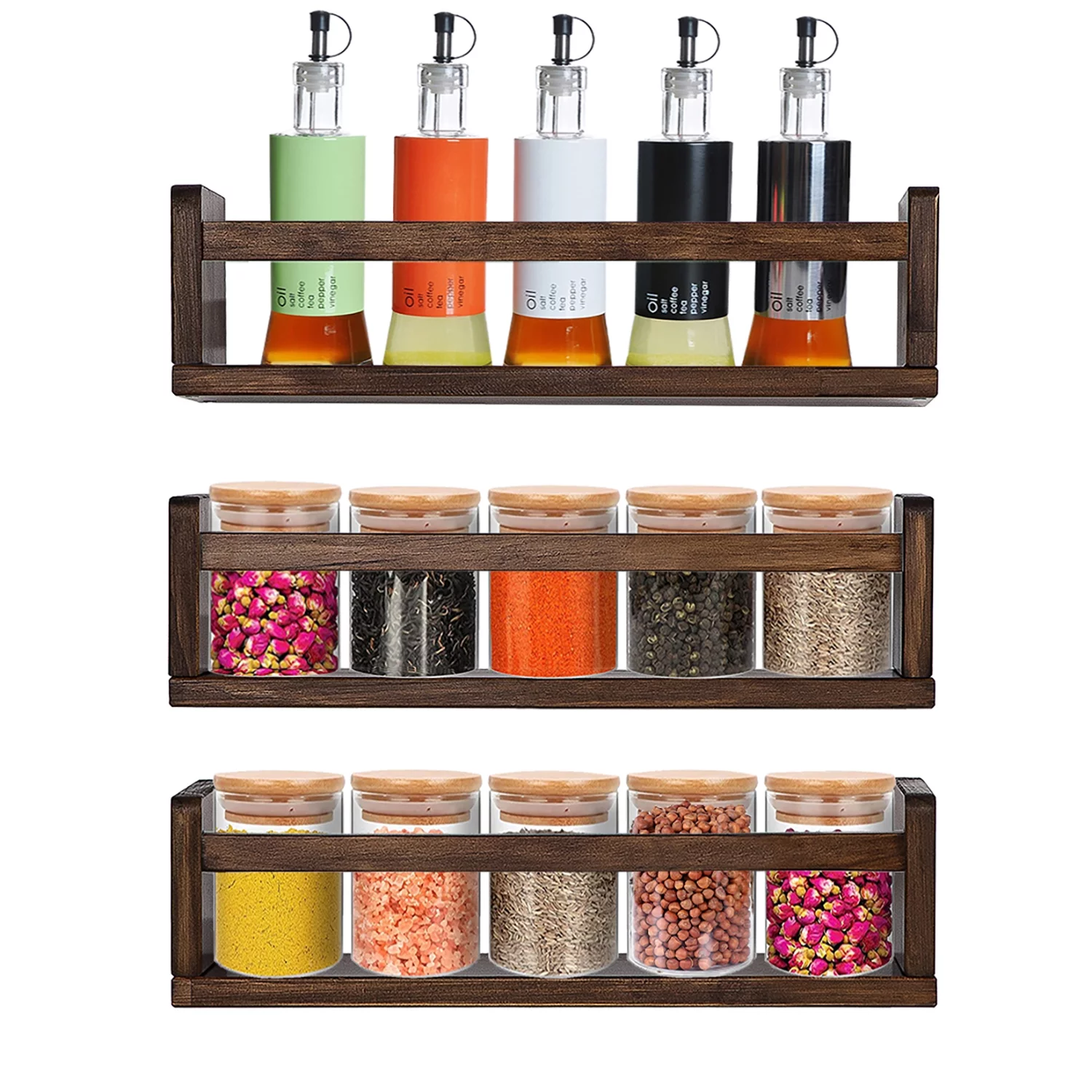 Nursery Room Shelves wood Nursery BookShelf Toddler Book Shelves Deep Walnut Wood Wall Shelves Toys Display Organizer Wall Storage Shelves for Room Decor,Spice Rack Organizer for Kitchen Set of 3