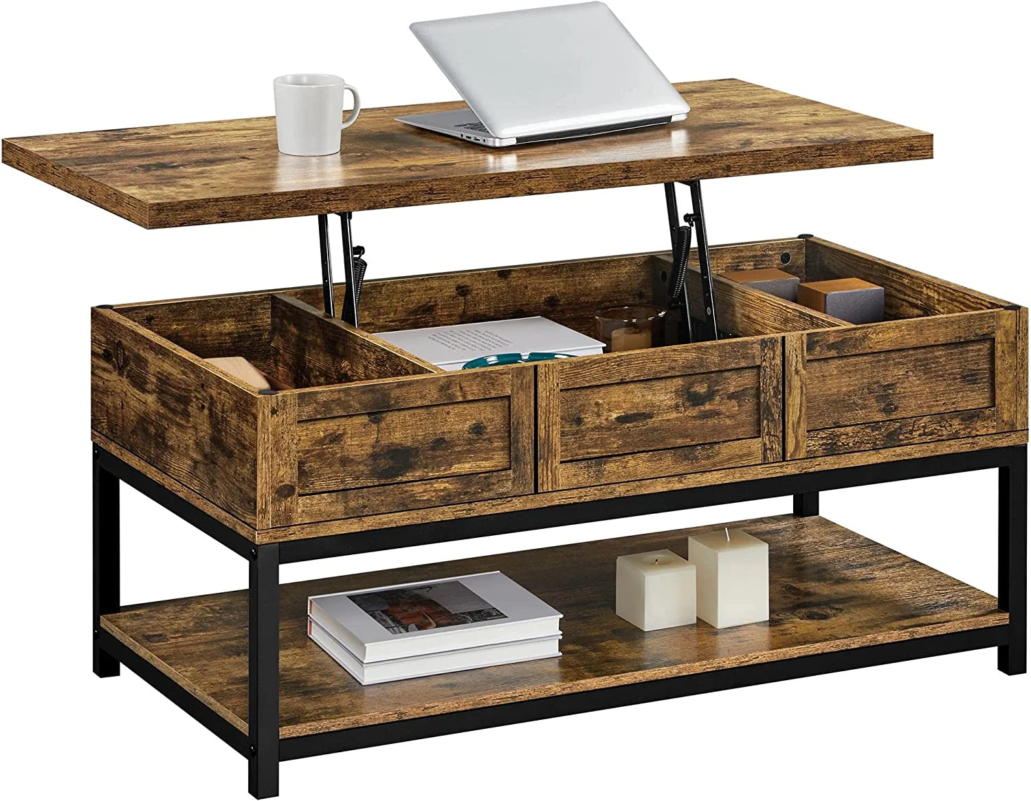 Coffee Table, 40in Lift Top Coffee Table, Rustic Industrial Lift Up Center Table with Storage Compartments & Shelf for Living Room Reception, Rustic Brown