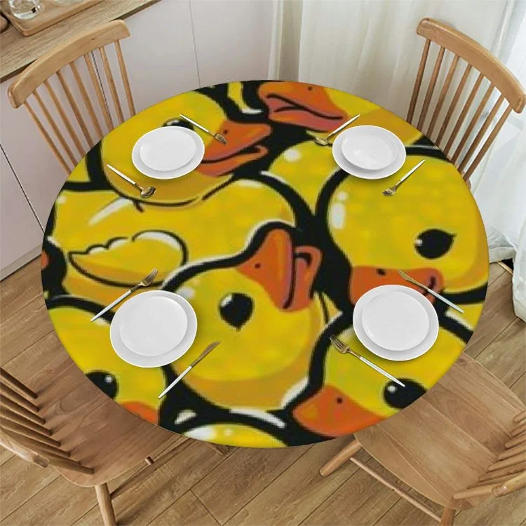 WXKJ Cute Rubber Ducks Tablecloth with Elastic Edge, Round Table Cloth Yellow Cartoon Ducky Washable Reusable Table Cover for Kitchen Dining Party Picnic White