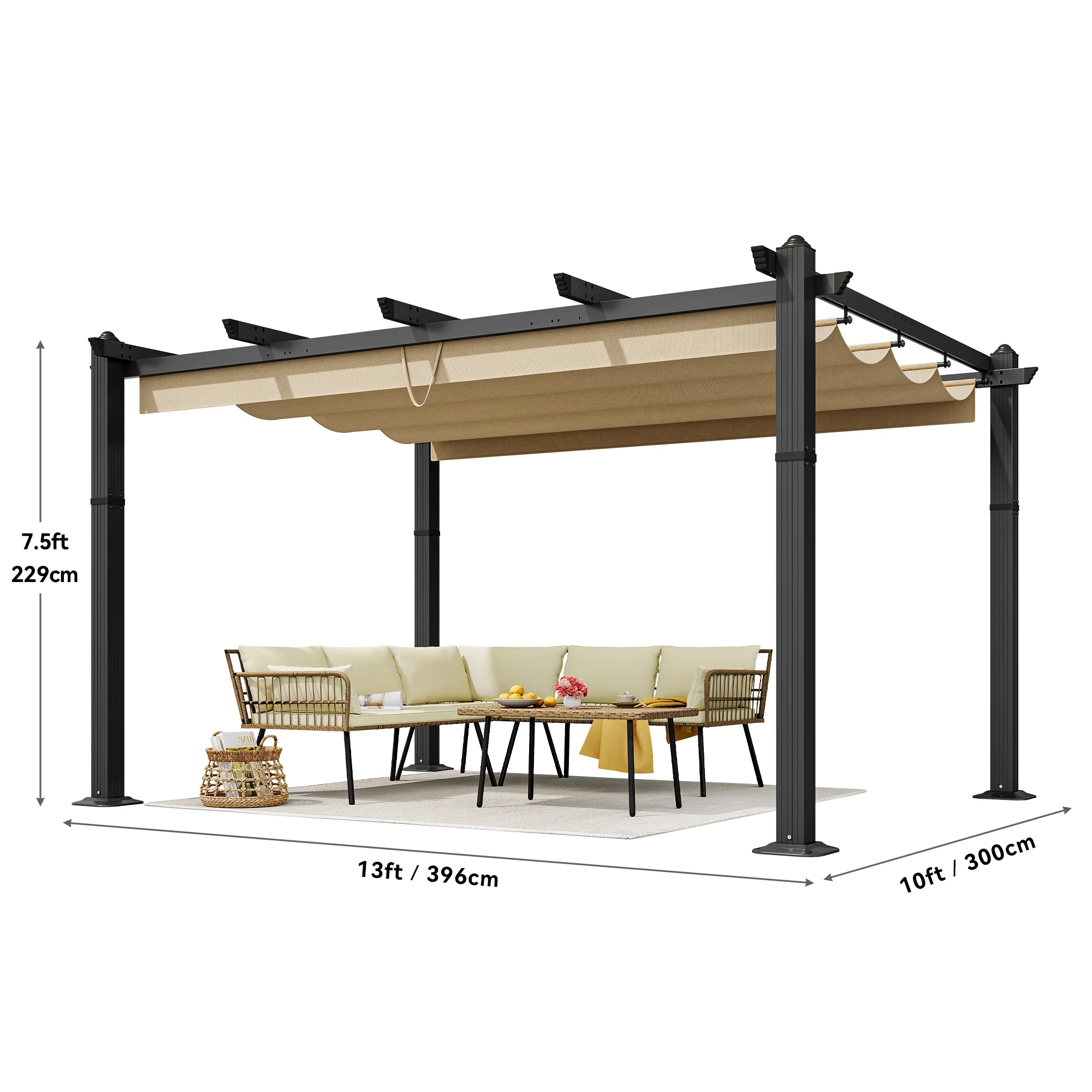 Dextrus 10x13ft Outdoor Aluminum Pergola, Retractable Pergola Canopy Shelter Grape Trellis With Sunshade,Brown Curtain