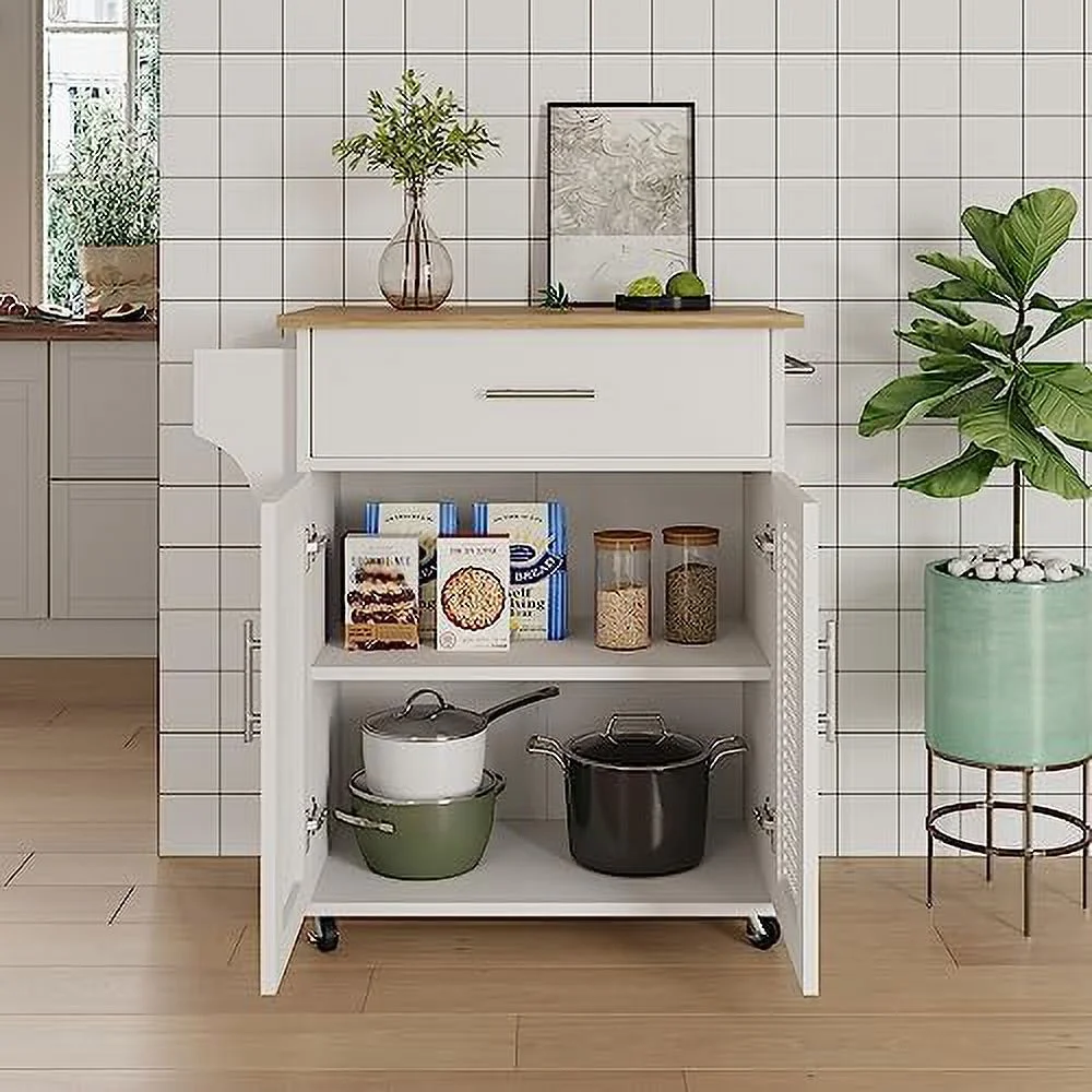 SQRTCV Kitchen Island with   Rolling Kitchen Island on Wheels with Solid Wood Countertop  White Kitchen Island Cart with Rattan  Cabinet  Spice Rack  Towel Rack and Drawers
