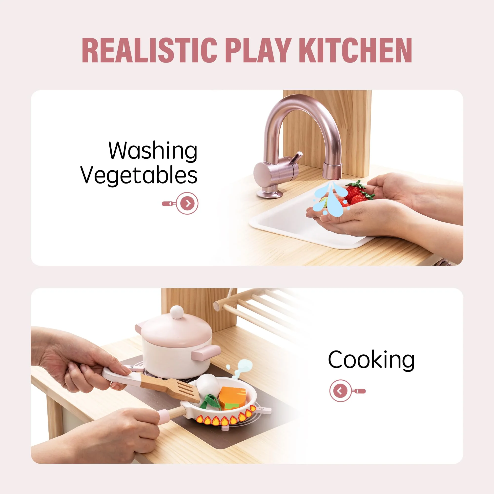 Robud Kids Wooden Kitchen Play Set Pretend Playset Toy with Play Cooker for Girls Boys Age 3+,Pink