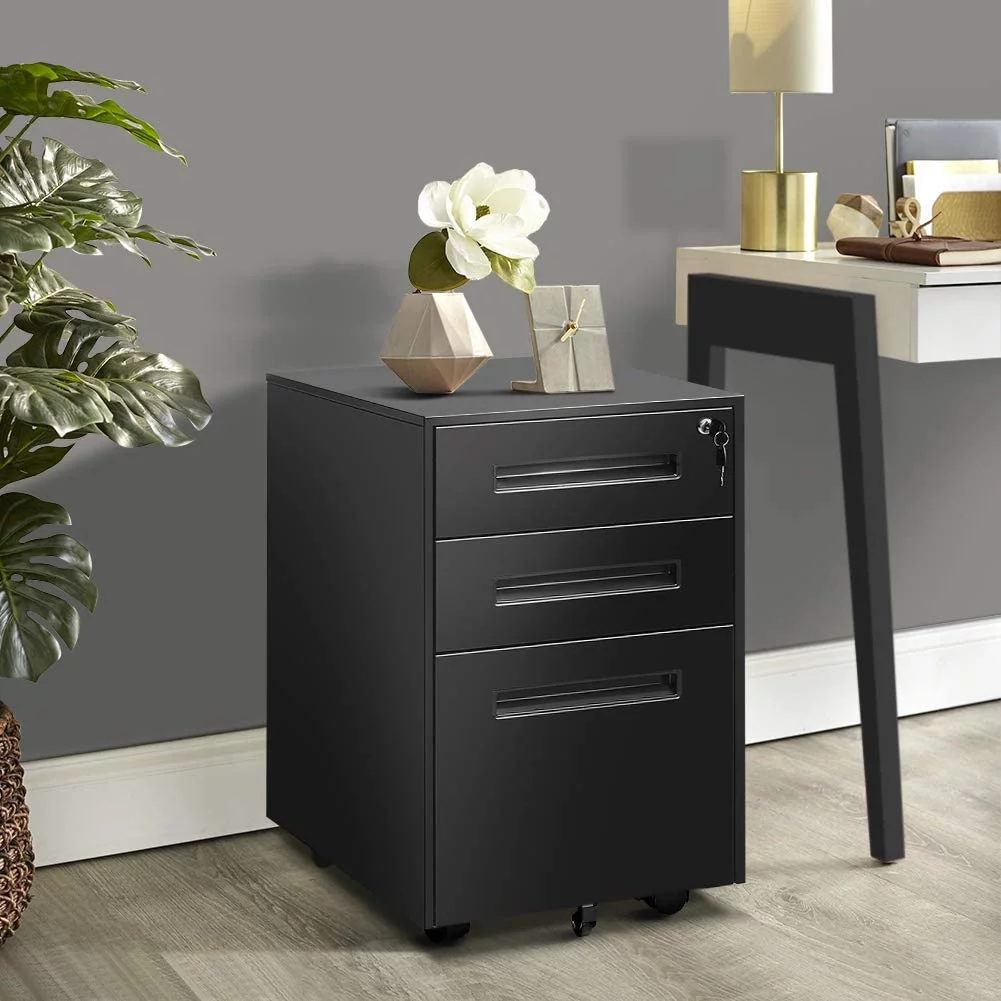 SUNCROWN 3 Drawer Lateral Metal File Cabinet with Lock Rolling Vertical File Organizer for Letter Size, Black