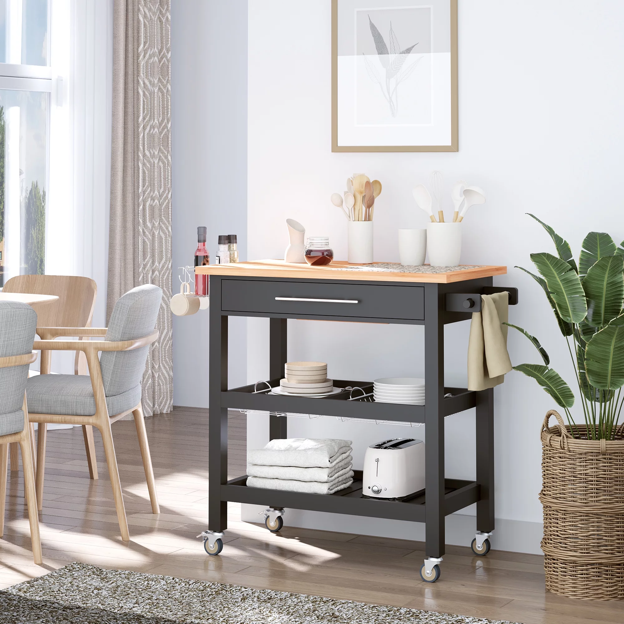 HOMCOM Rolling Mobile Kitchen Island Cart with Granite & Bamboo Countertop, Knife Rack, Integrated Spice Rack & Storage Drawer