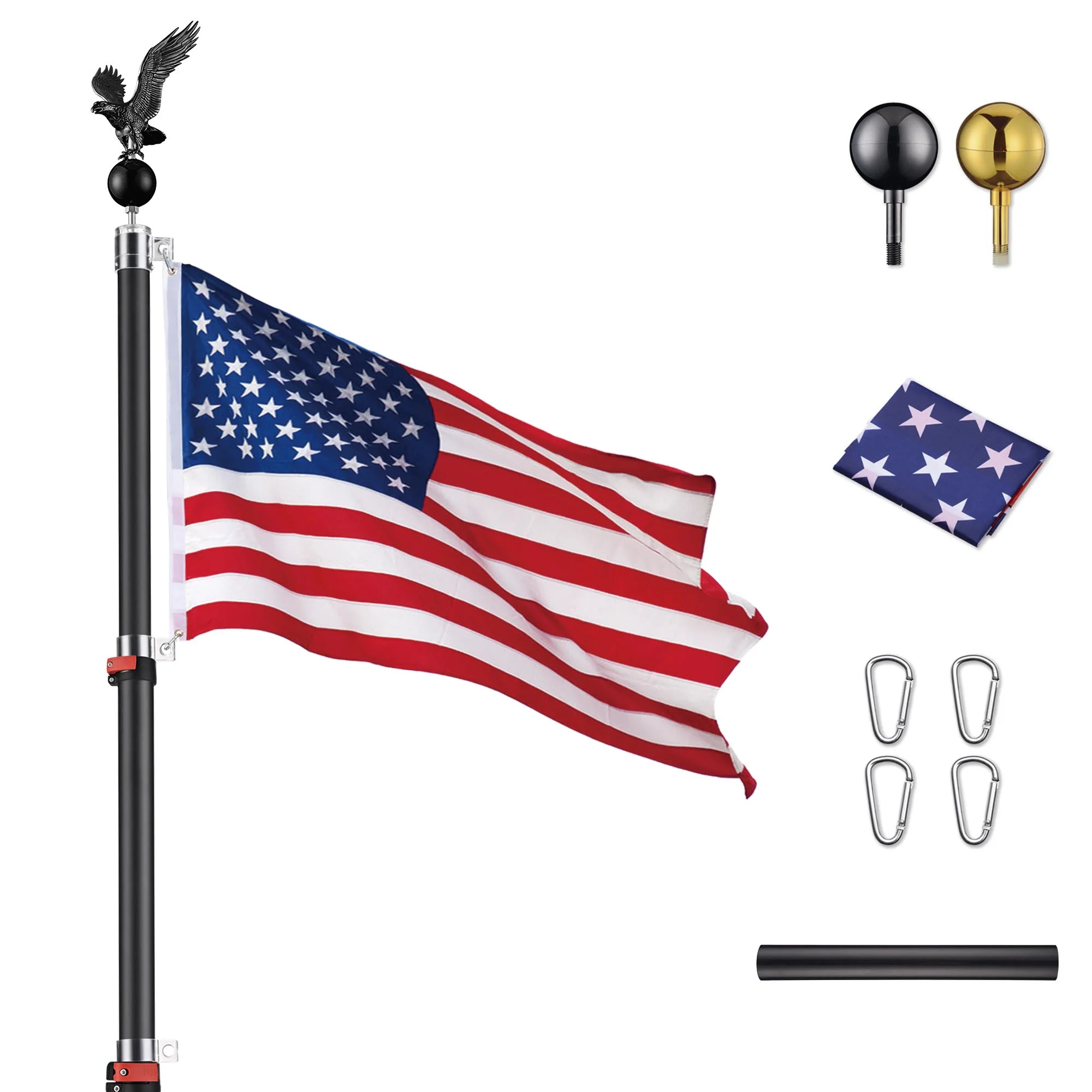 25 Ft Telescopic Aluminum Flag Pole Kit w/ 2 Balls & Eagle Topper US Flag Black