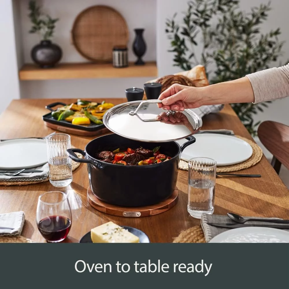 YILAN Cast Iron Enameled Square Grill with Acacia Trivet 11 Inch Induction Oven Broiler Safe 650F Pots and Pans, Cookware Black