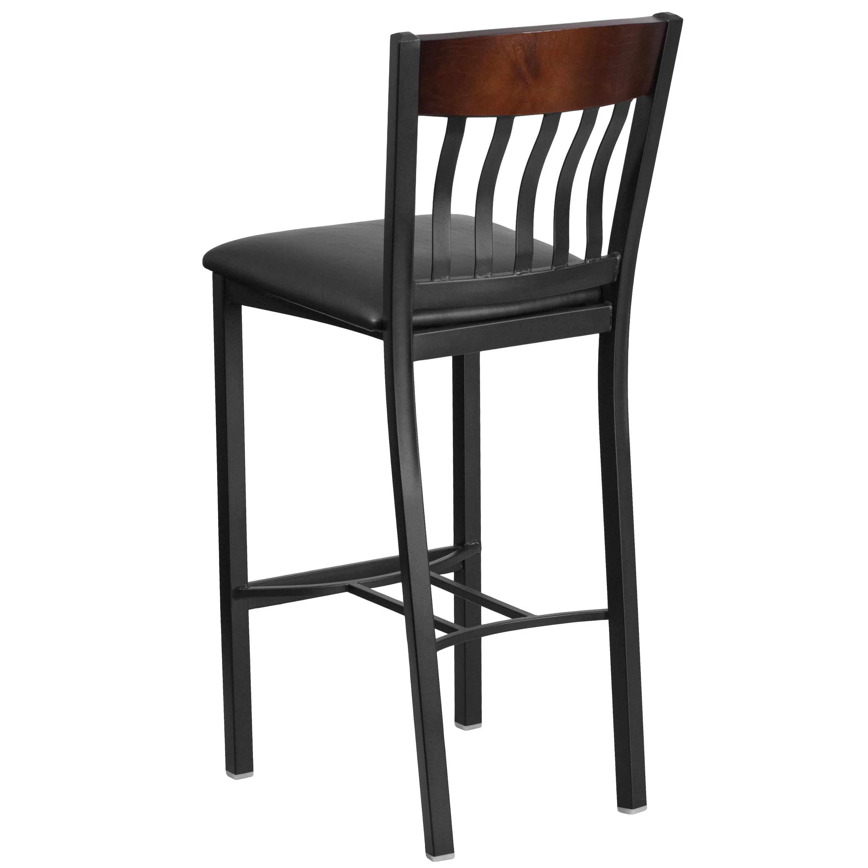 Flash Furniture Eclipse Series Vertical Back Black Metal and Walnut Wood Restaurant Barstool with Black Vinyl Seat
