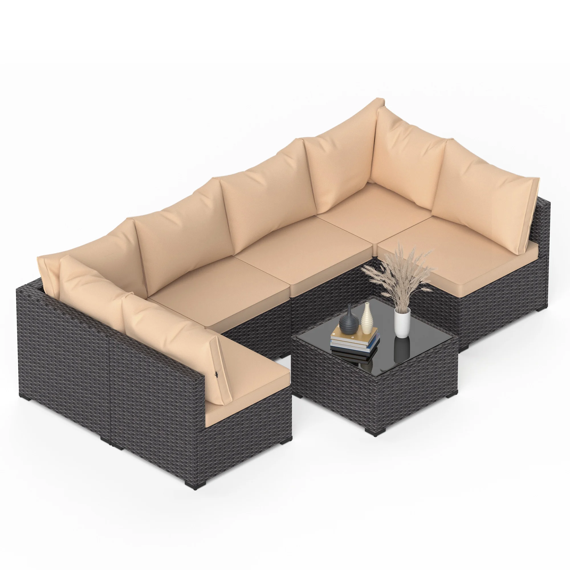 GOJOOASIS Patio Furniture Set, 7 Pieces Outdoor PE Rattan Couch with Glass Table All Weather Sectional Washable Cushion Coffee