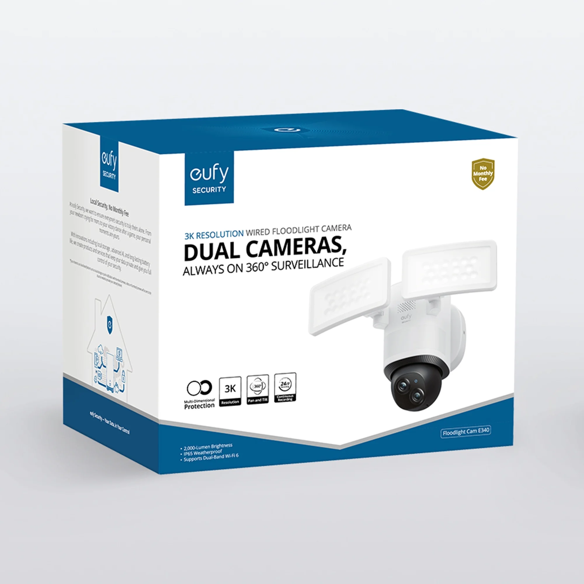 eufy Security Floodlight Camera E340 Wired Dual Camera, 360° Pan & Tilt, Wi-Fi 6, No Monthly Fee