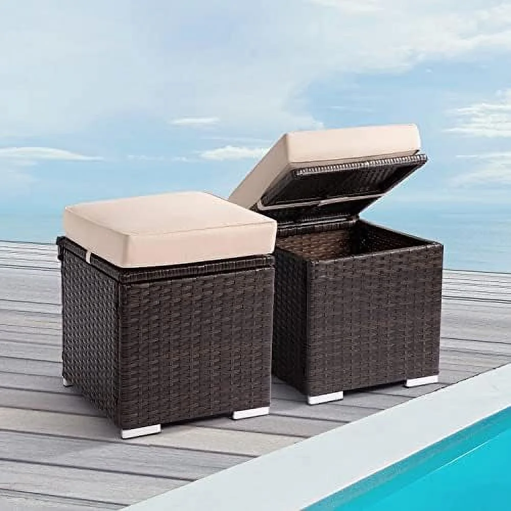 CGFHYP Outdoor Ottomans for Patio  Rattan Wicker Ottoman with  Outdoor footrest Foot Stool seat for Patio  w/Removeable Extra Thick Cushion for Balcony Backyard Garden Poolside  Blue