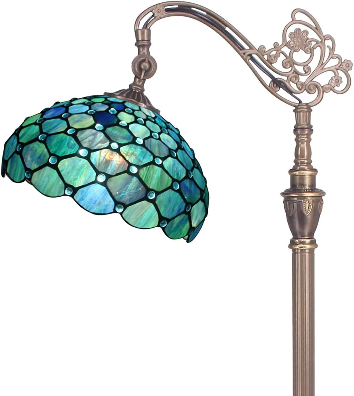 Tiffany Floor Lamp Stained Glass Lamp 18X12X67 Inch Angle Adjustable Arched Gooseneck Antique Reading Light (Sea Blue Pearl)