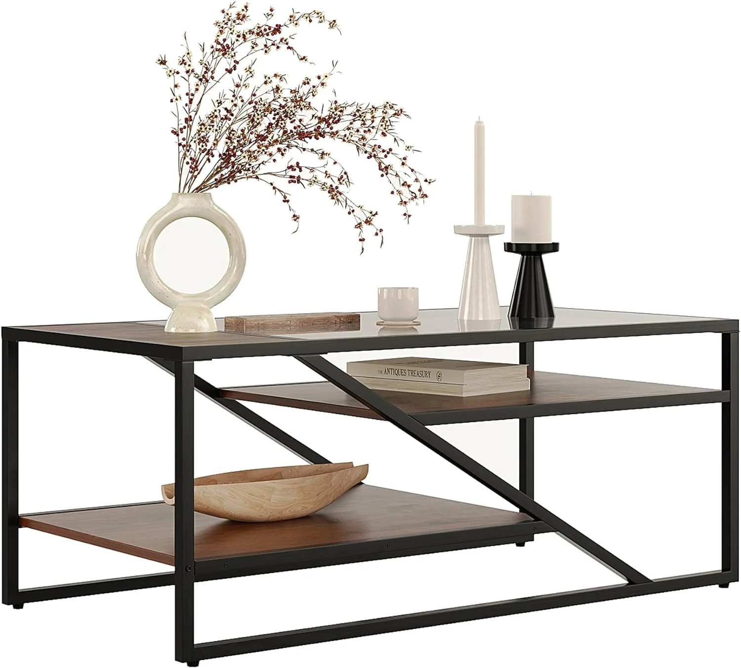 Waterfall Glass Top Coffee Table - Rectangle Coffee Tables for Living Room Wood Industrial Center Table with Storage