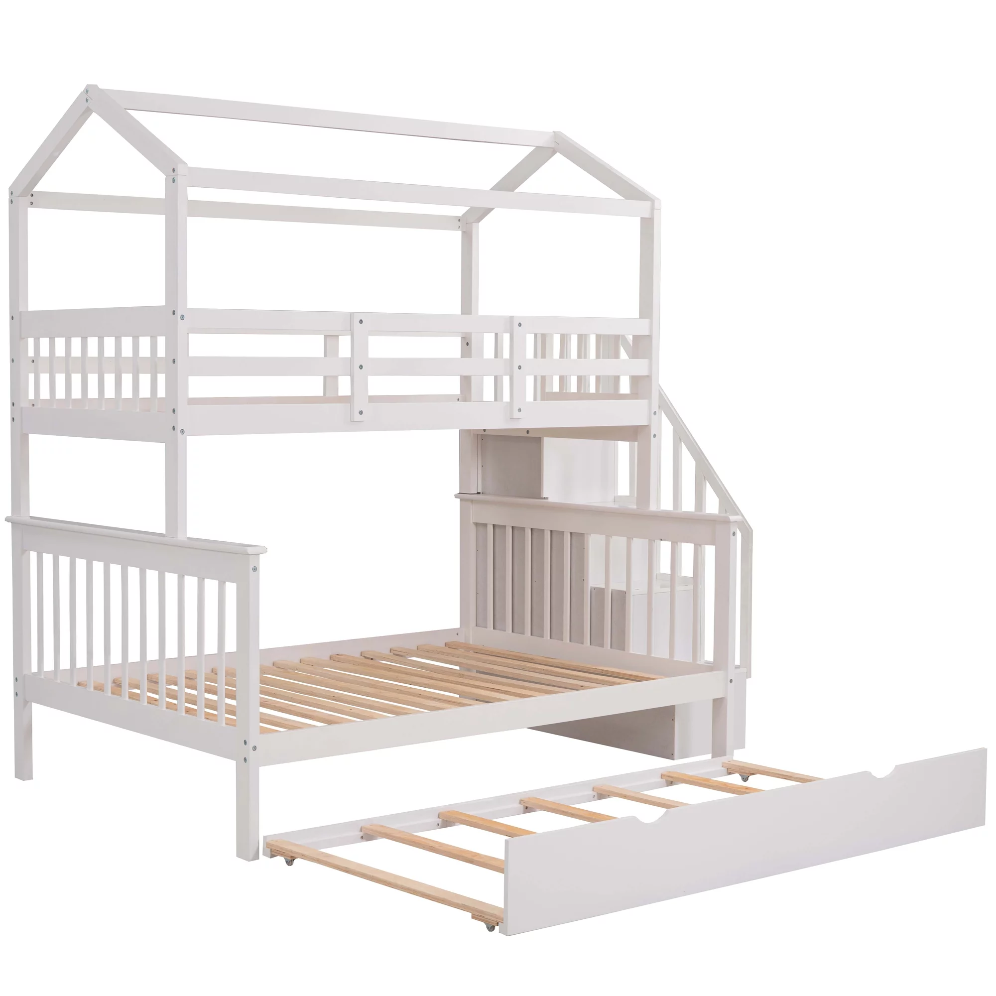EUROCO Twin over Full House Bunk Bed with Trundle and Staircase, White