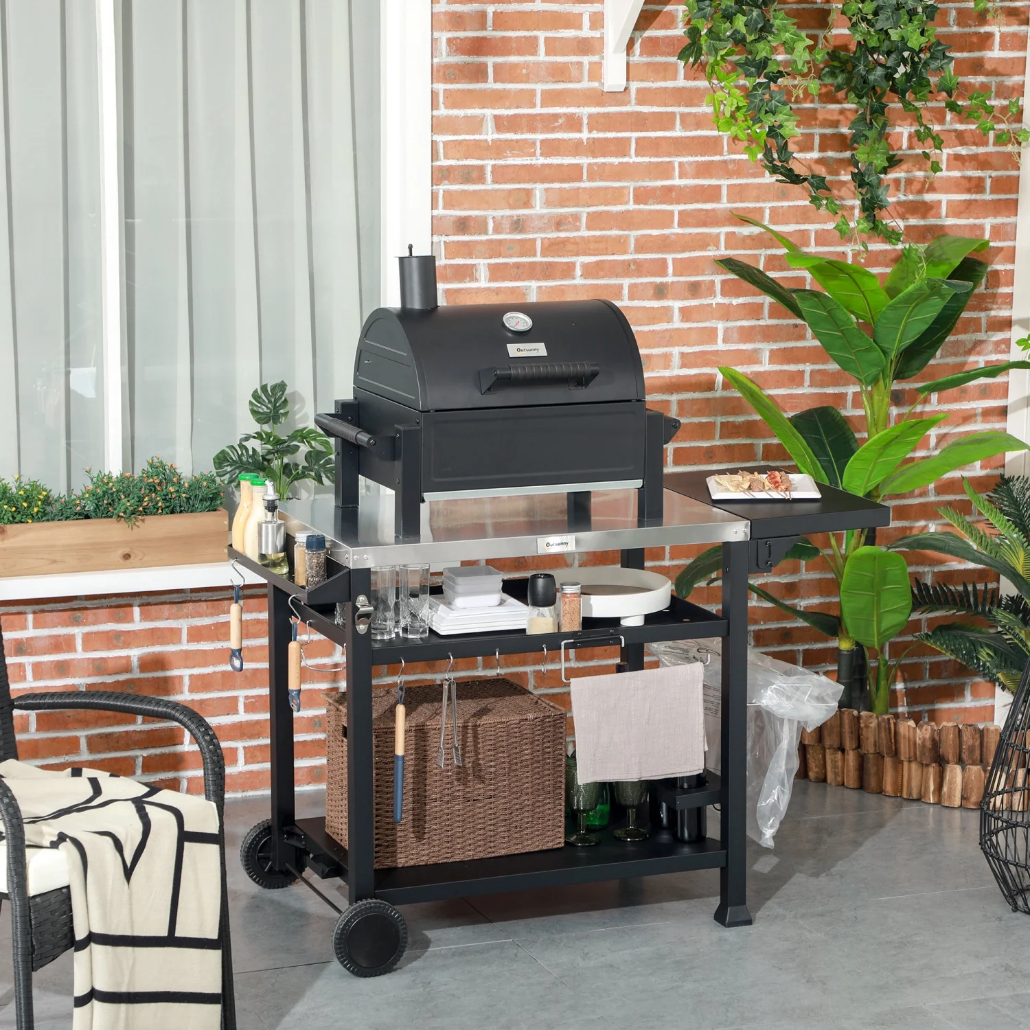JHOOTUUO Outdoor Grill Cart with Foldable   46” x 21.75” Multifunctional Stainless Steel Pizza Oven Stand with Three-  Movable Food Prep  on Wheels  Black