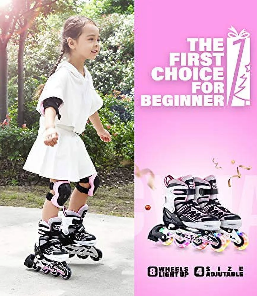 2PM SPORTS Cytia Pink Girls Adjustable Illuminating Inline Skates with Light up Wheels, Fun Flashing Beginner Roller Skates for Kids