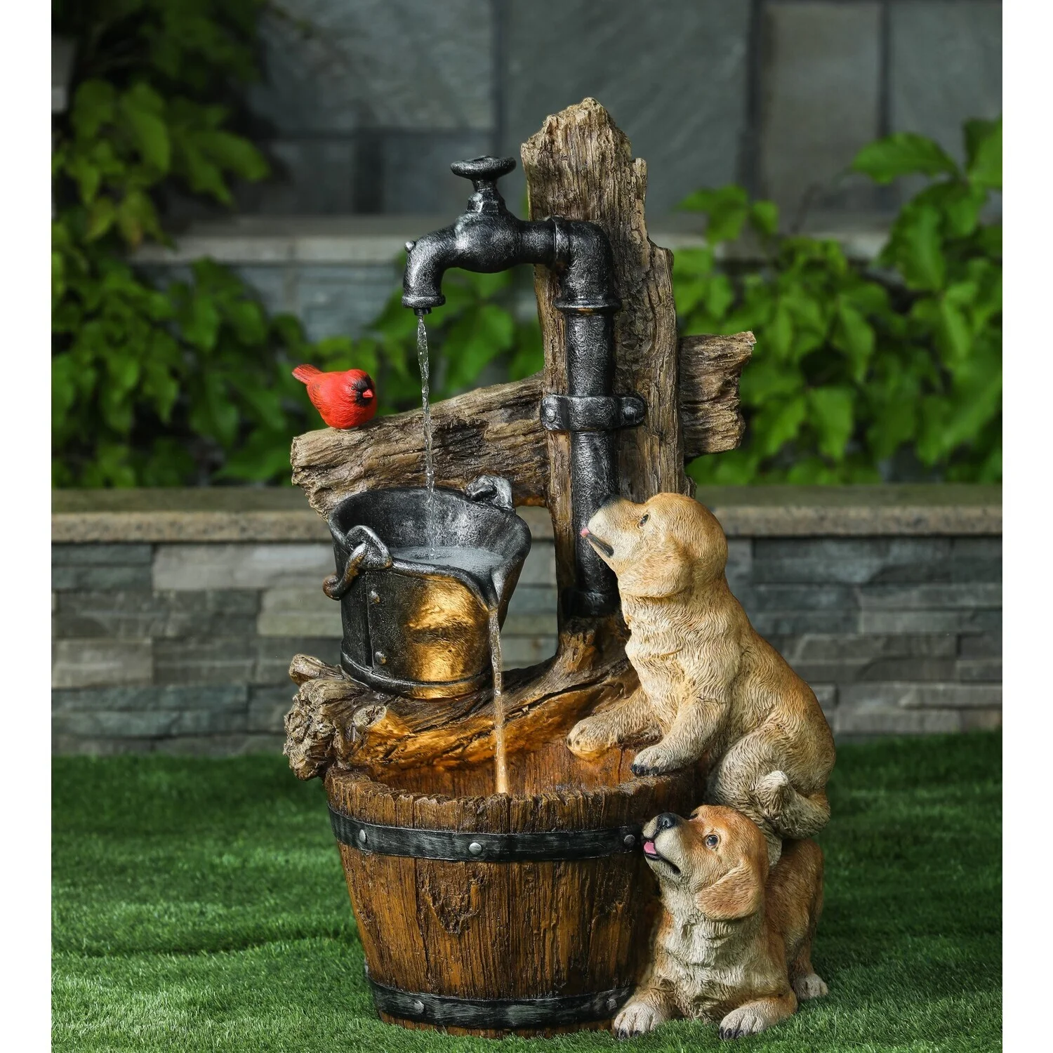 HomeStock Eclectic Exclusivity Resin Puppies And Water Pump Outdoor Fountain With Led Light