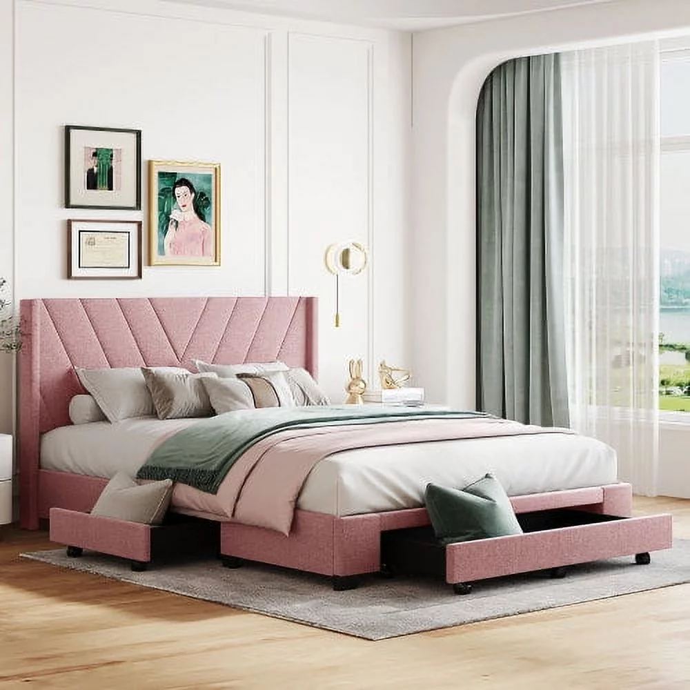 DremFaryoyo Queen Size  Bed Linen Upholstered Platform Bed with 3 Drawers (Pink)