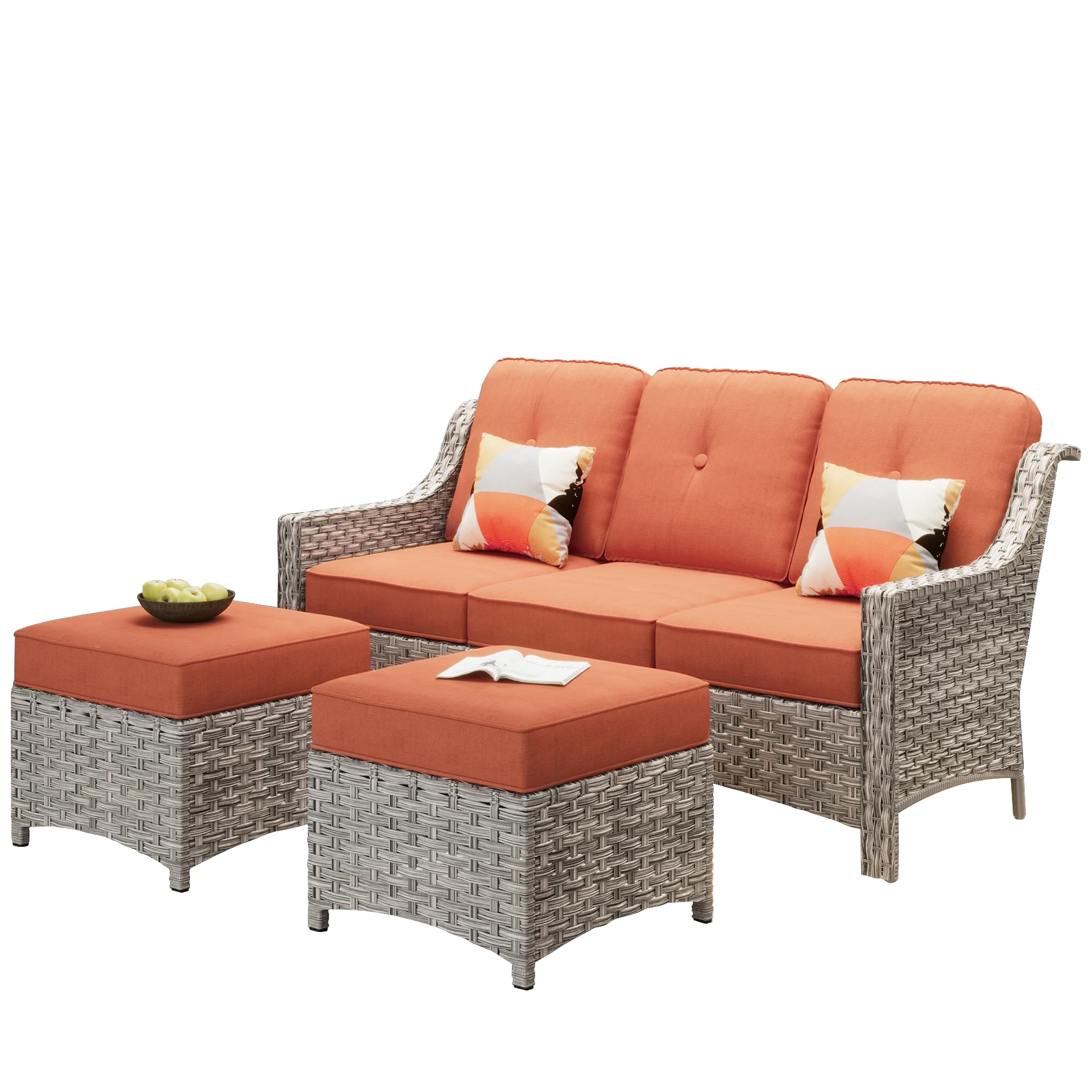 Ovios 3 Pieces Outdoor Furniture Rattan Patio Conversation Set with Ottoman for Backyard