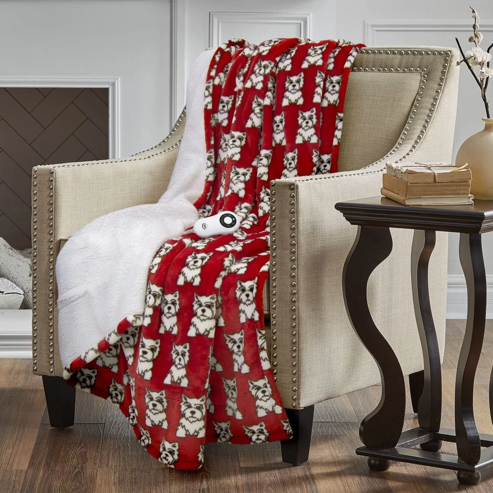Serta Shiny Sherpa Electric Heated Warming Throw Blanket Dogs Red