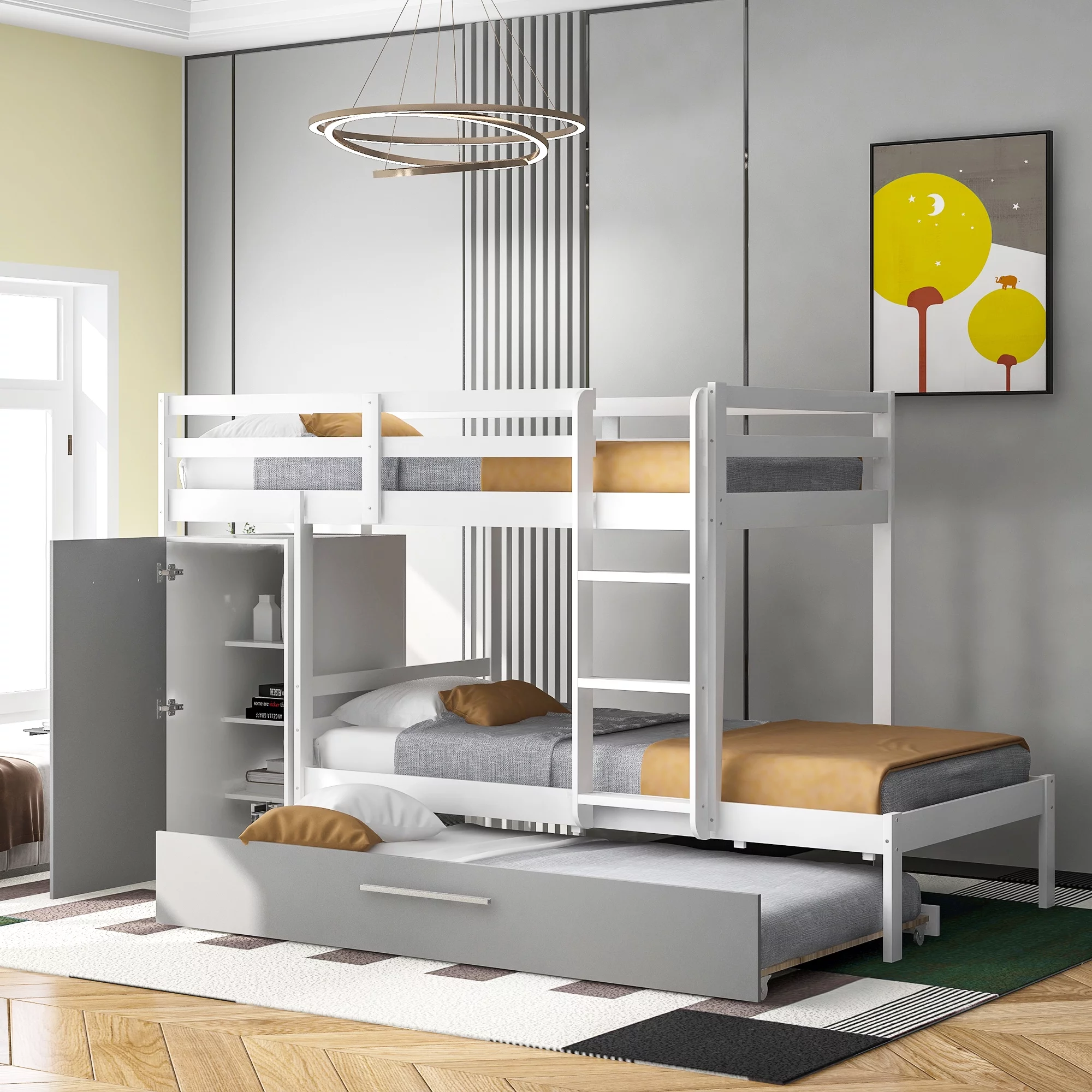 Twin over Twin Bunk Bed with Cabinet and Trundle, White
