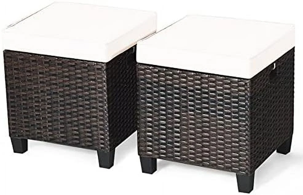 HBBOOMLIFE Wicker Ottoman Set of 2  All Weather Rattan Patio Ottoman Set  Outdoor Foot  Patio Foot Stool with Waterproof & Removable Cushions for Balcony Backyard Garden Poolside (Nav