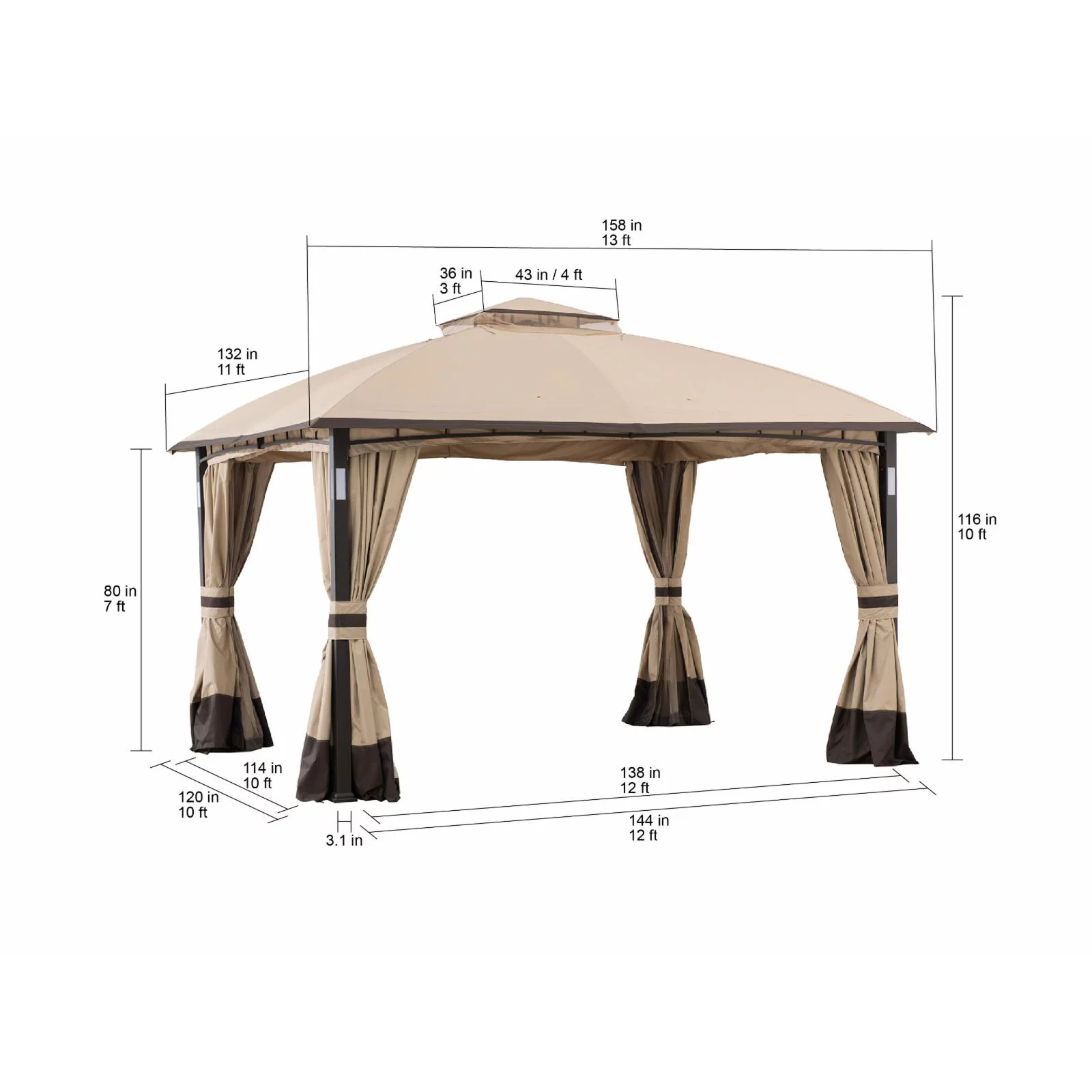 Sunjoy 11 ft. x 13 ft. Gazebo with LED Lighting and Blue Tooth Sound - Tan and Brown