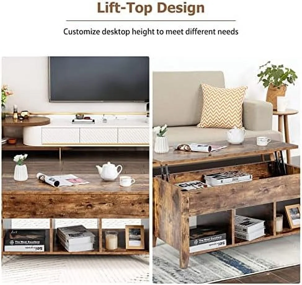 YPDCHB Lift Top Coffee Table  Wood Home Living Room Modern Lift Top  Coffee Table w/Hidden Compartment Lift Tabletop  (Rustic Brown)