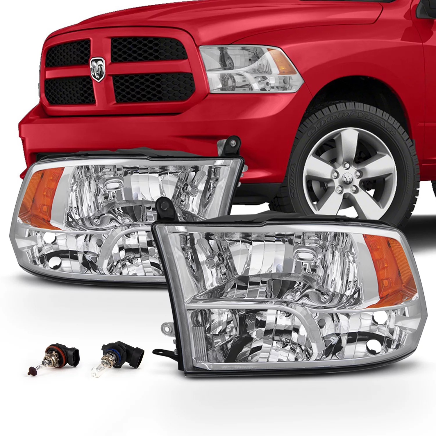 AKKON - For 2009-2018 Dodge Ram Pickup Truck Chome Clear Lens Quad Headlight Lamp Set (Driver & Passenger Side)