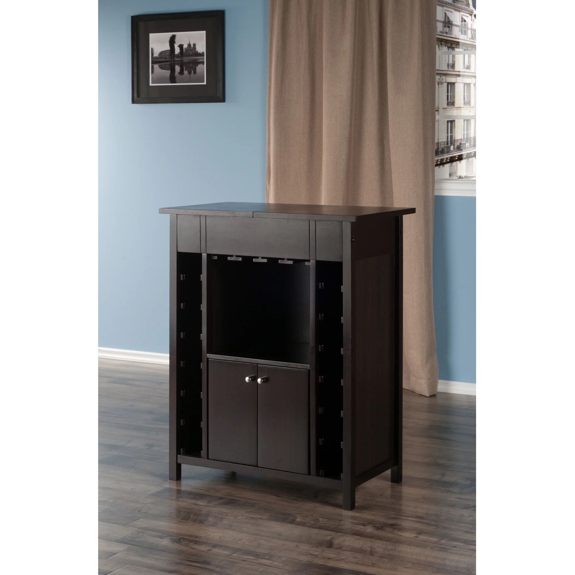 Winsome Yukon Transitional Solid Wood Home Bar Cabinet in Espresso
