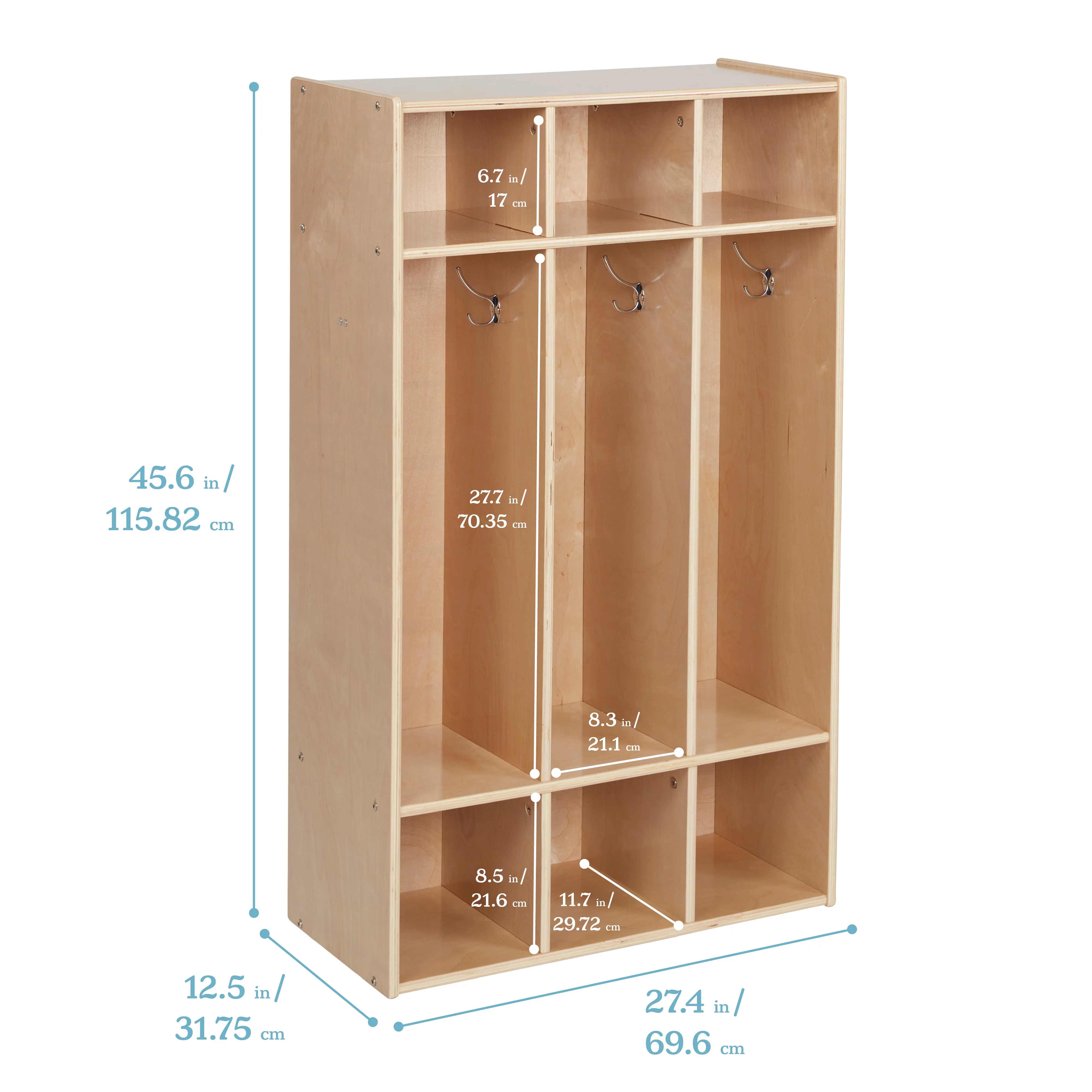 ECR4Kids Streamline 3-Section Coat Locker, Natural