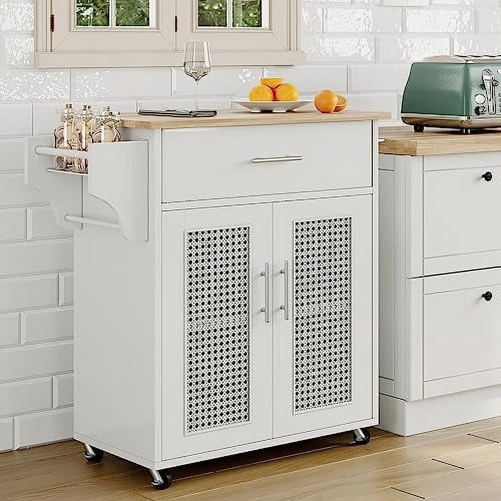 CHGTYS Kitchen Island with   Rolling Kitchen Island on Wheels with Solid Wood Countertop  White Kitchen Island Cart with Rattan  Cabinet  Spice Rack  Towel Rack and Drawers