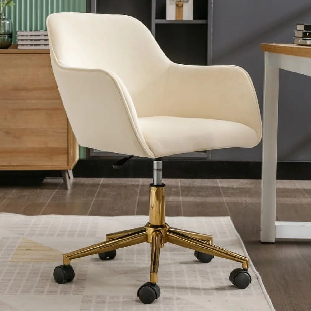 DremFaryoyo Modern Velvet Fabric  Adjustable Height  revolving Home Office Chair with Gold Metal Legs and Universal Wheels for Indoor Aqua Light Blue