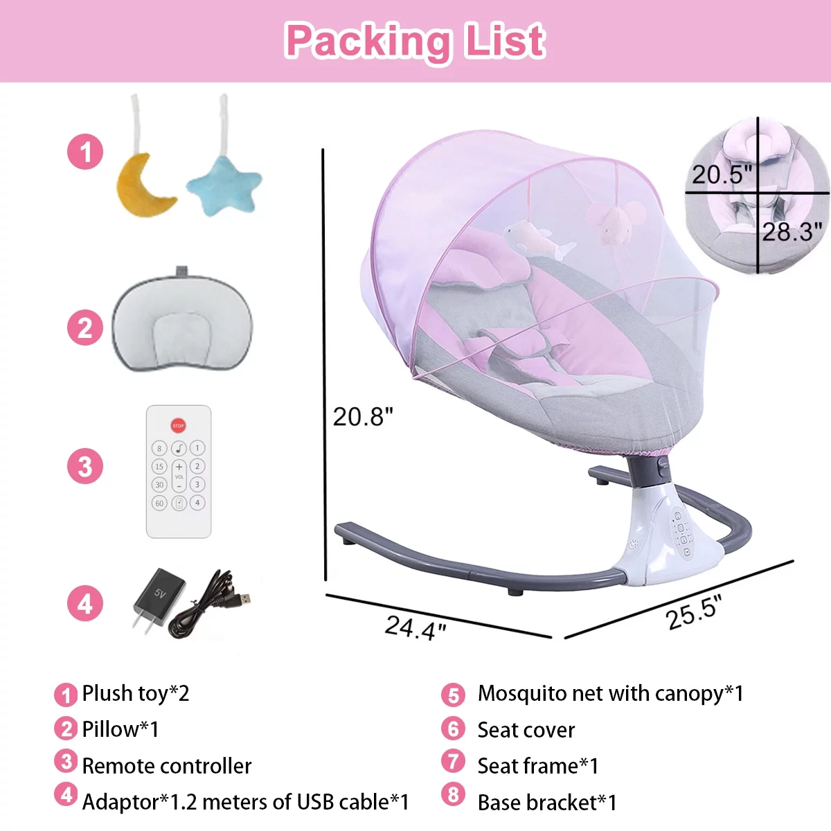 Liyufly Electric Baby Swing for Infants - Bluetooth Music Speaker with12 Preset Lullabies and 4 Speeds, Remote Control, Pink