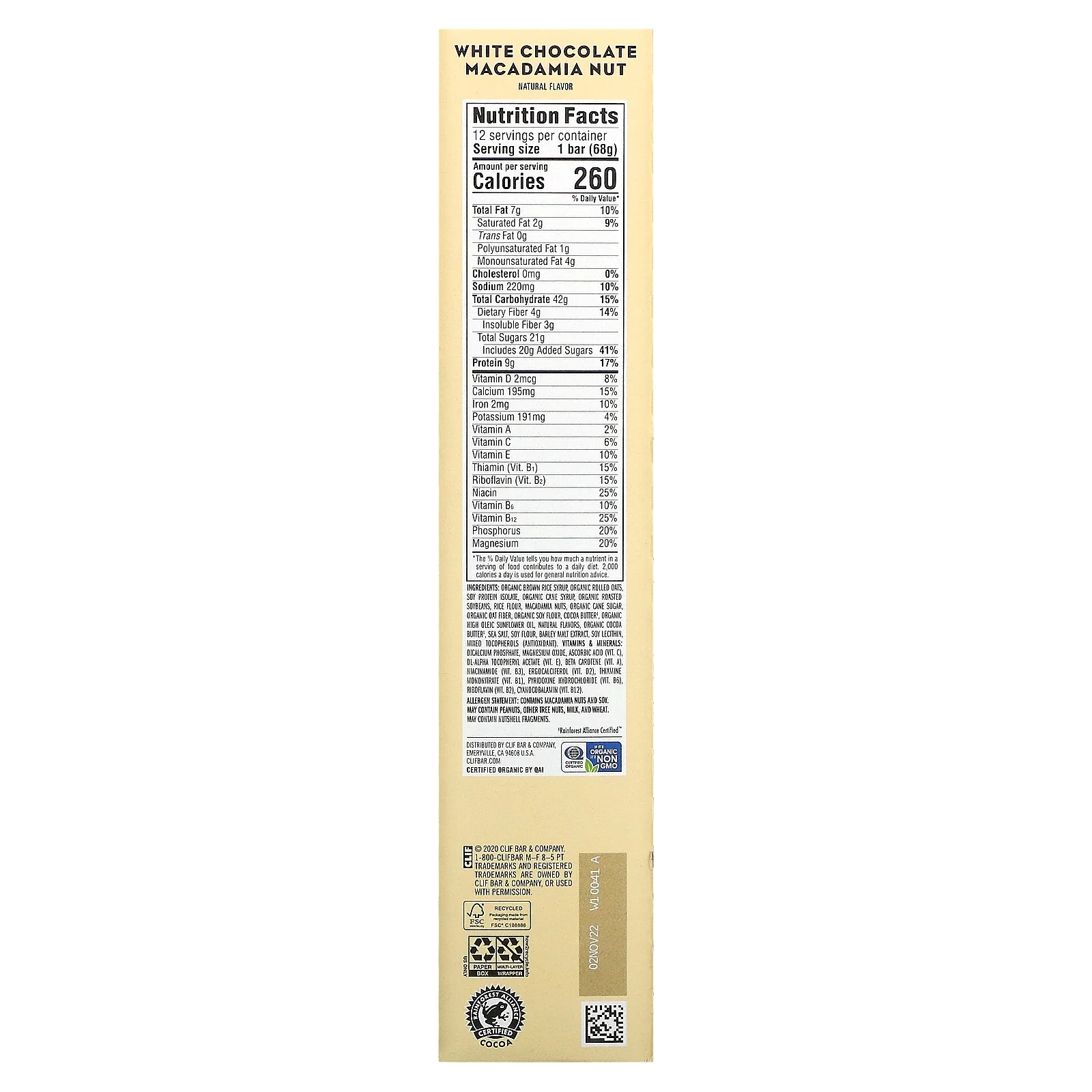 Clif Bar, Energy Bar, White Chocolate Macadamia Nut, 12 Bars, 2.40 oz