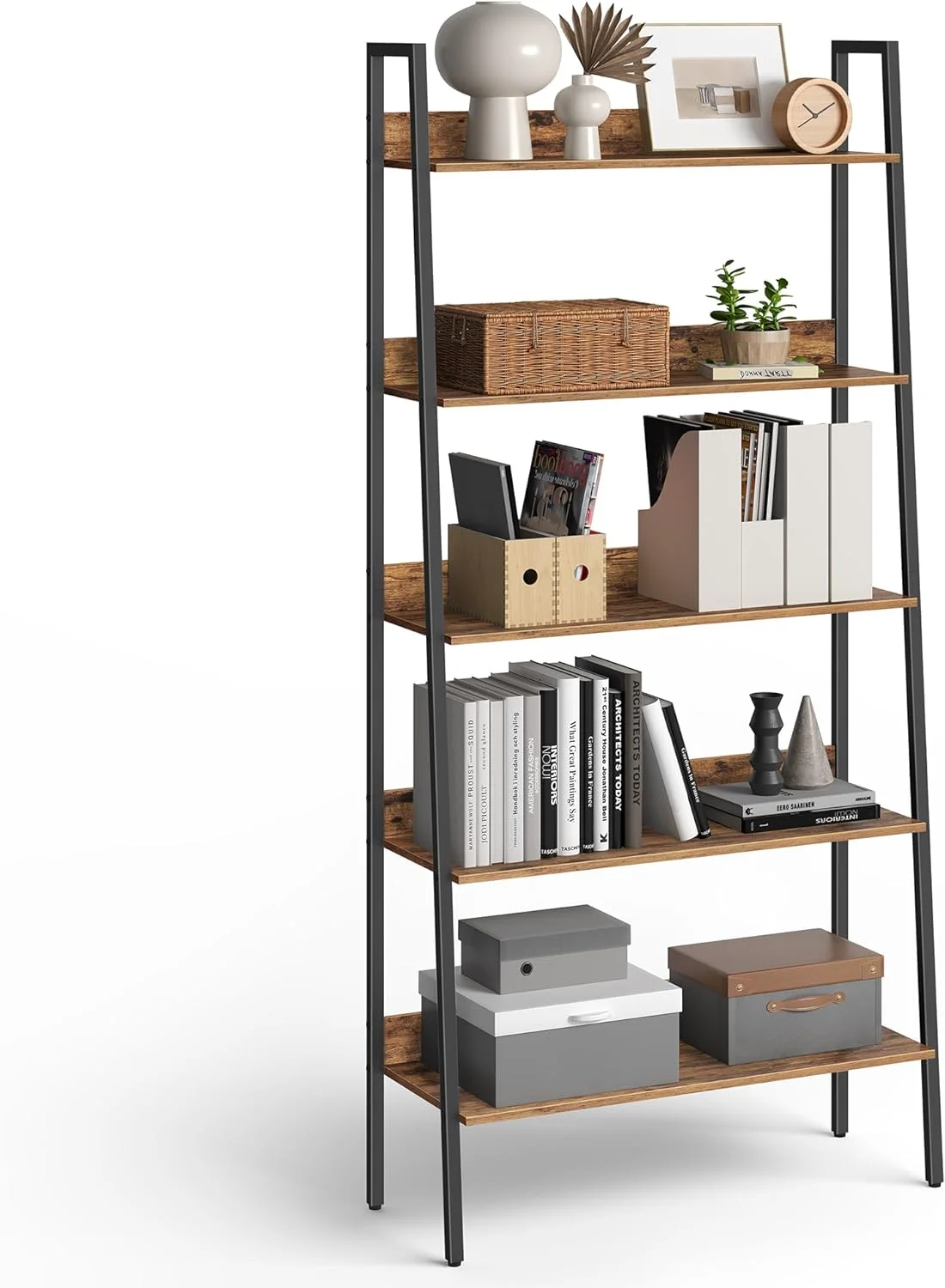 5-Tier Ladder Bookshelf: Rustic Brown & Ink Black, Home Office, Living Room, Bedroom