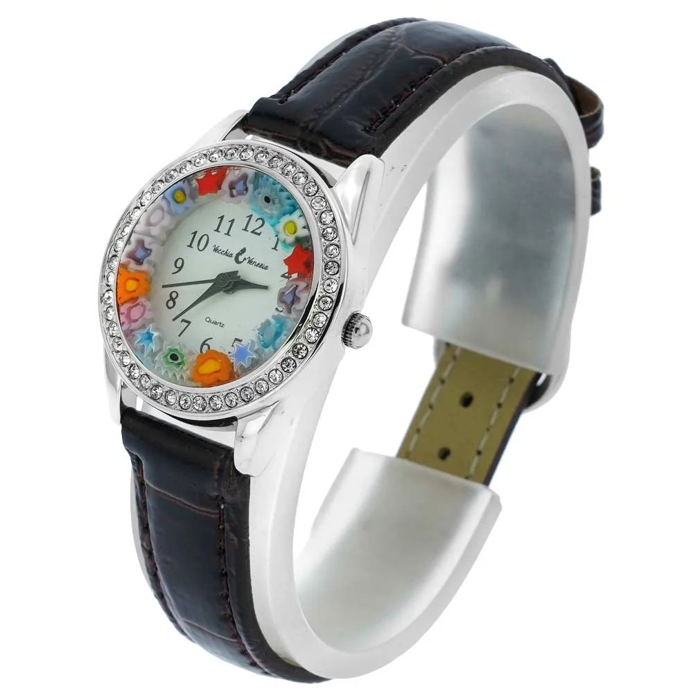 GlassOfVenice Murano Glass Watch Millefiori And Crystals With Leather Band - Brown