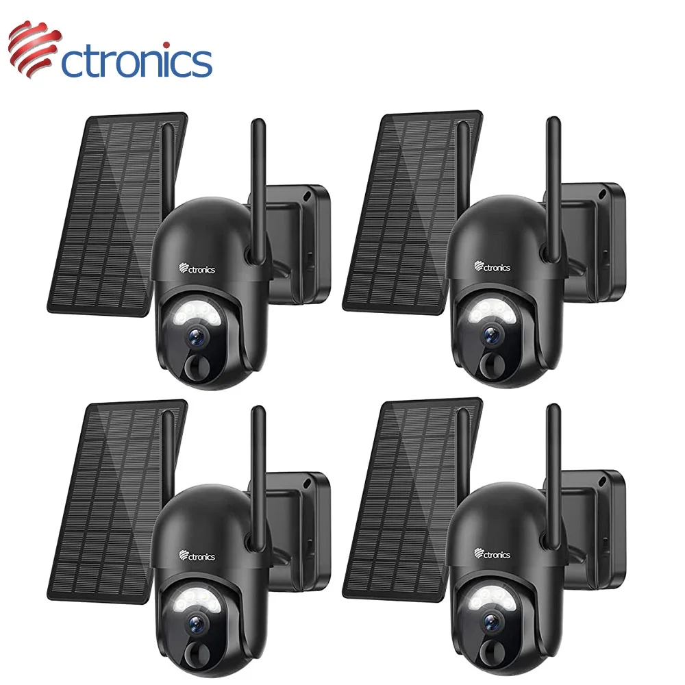 Ctronics 4pcs 2K Solar Security Camera Outdoor, 2.4G WiFi Wireless Security Camera with Spotlight, 4X Digital Zoom, 360° View, AI/PIR Detection, FHD Color Night Vision, Two-Way Talk, IP66 Waterproof