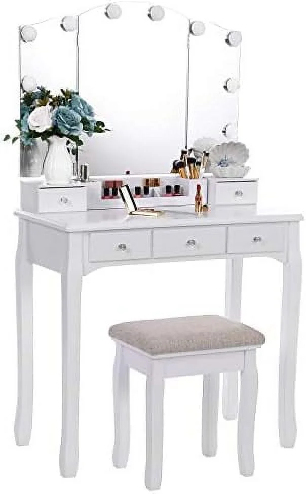 JDZHAPPYLIFE Vanity Set with Lighted Mirror   Vanity with Tri-Folding Mirror 10 LED Bulbs  White Vanity Desk Vanity Table with 5 Drawers 2 DIY Dividers  Cushioned Stool  Movable Organizer