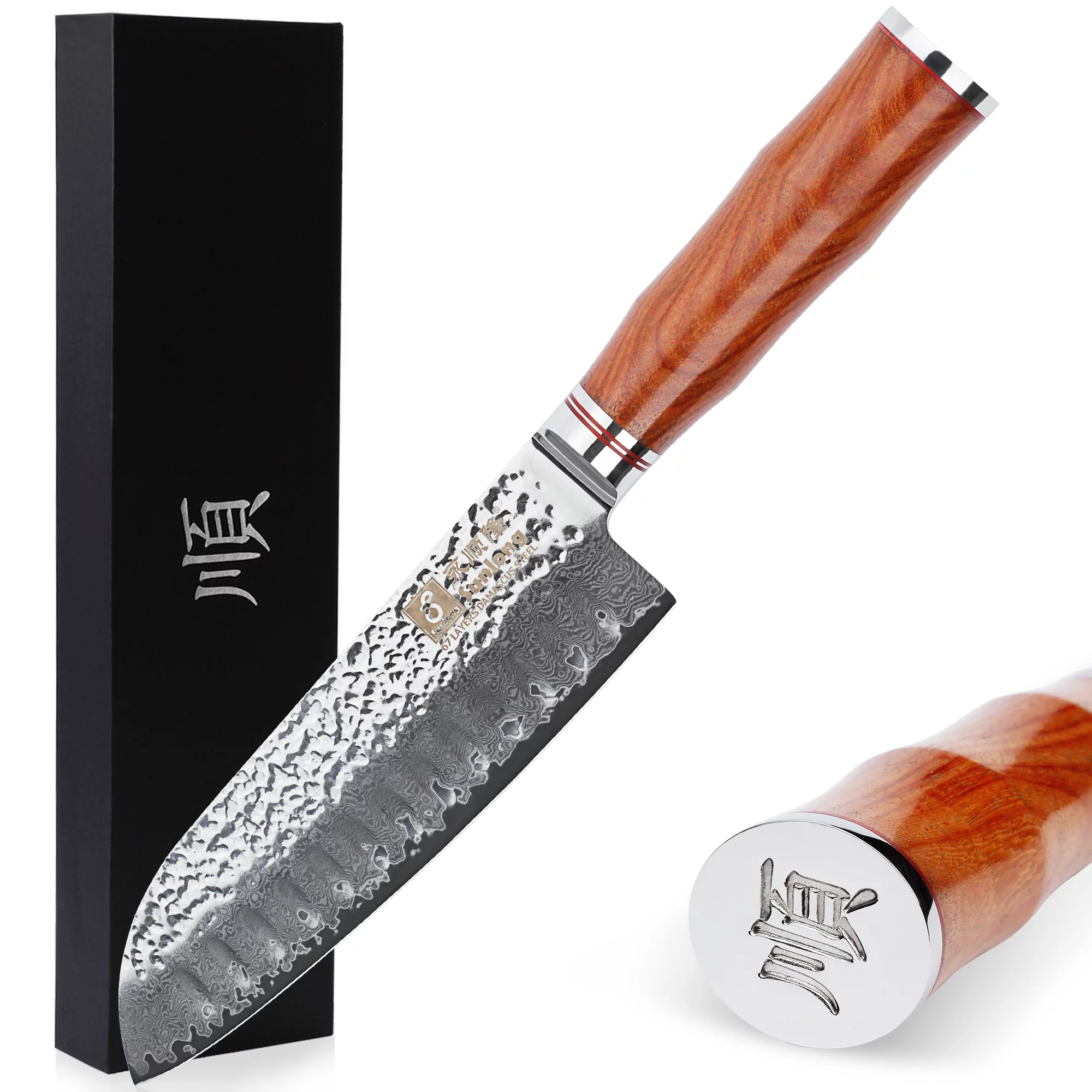 SUNLONG Santoku Knives 7 inch - Chef Knife Japanese Hammered Damascus Steel Natural Bloodwood Handle